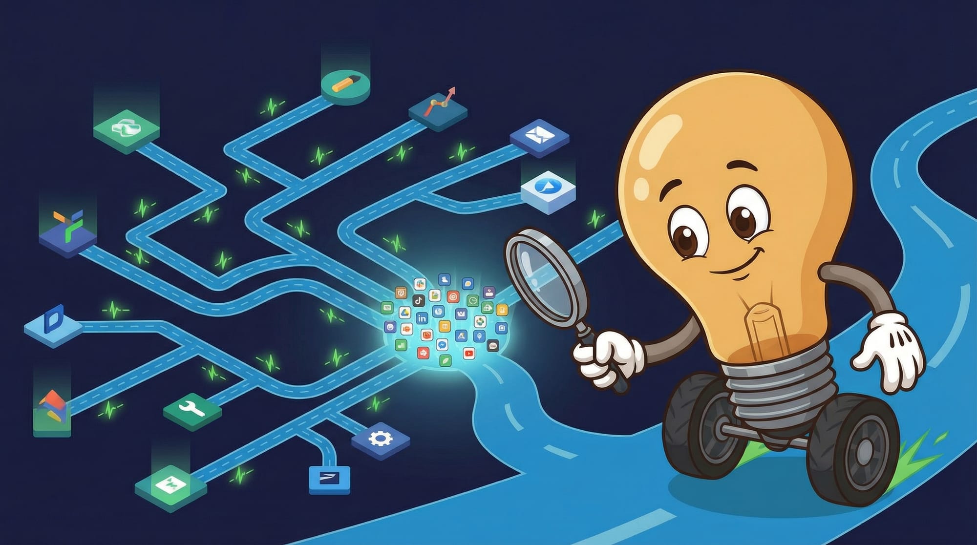 Flick the lightbulb mascot examines a glowing hub of connected app icons with a magnifying glass, eyes wide with curiosity...