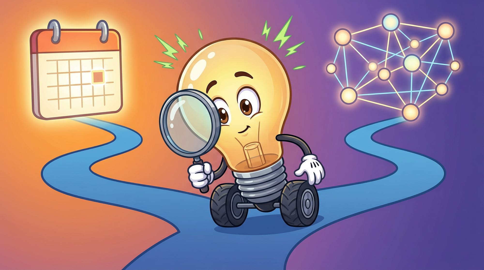 Flick the lightbulb mascot holds a magnifying glass, studying a forking path—one leading to a calendar, the other to conne...