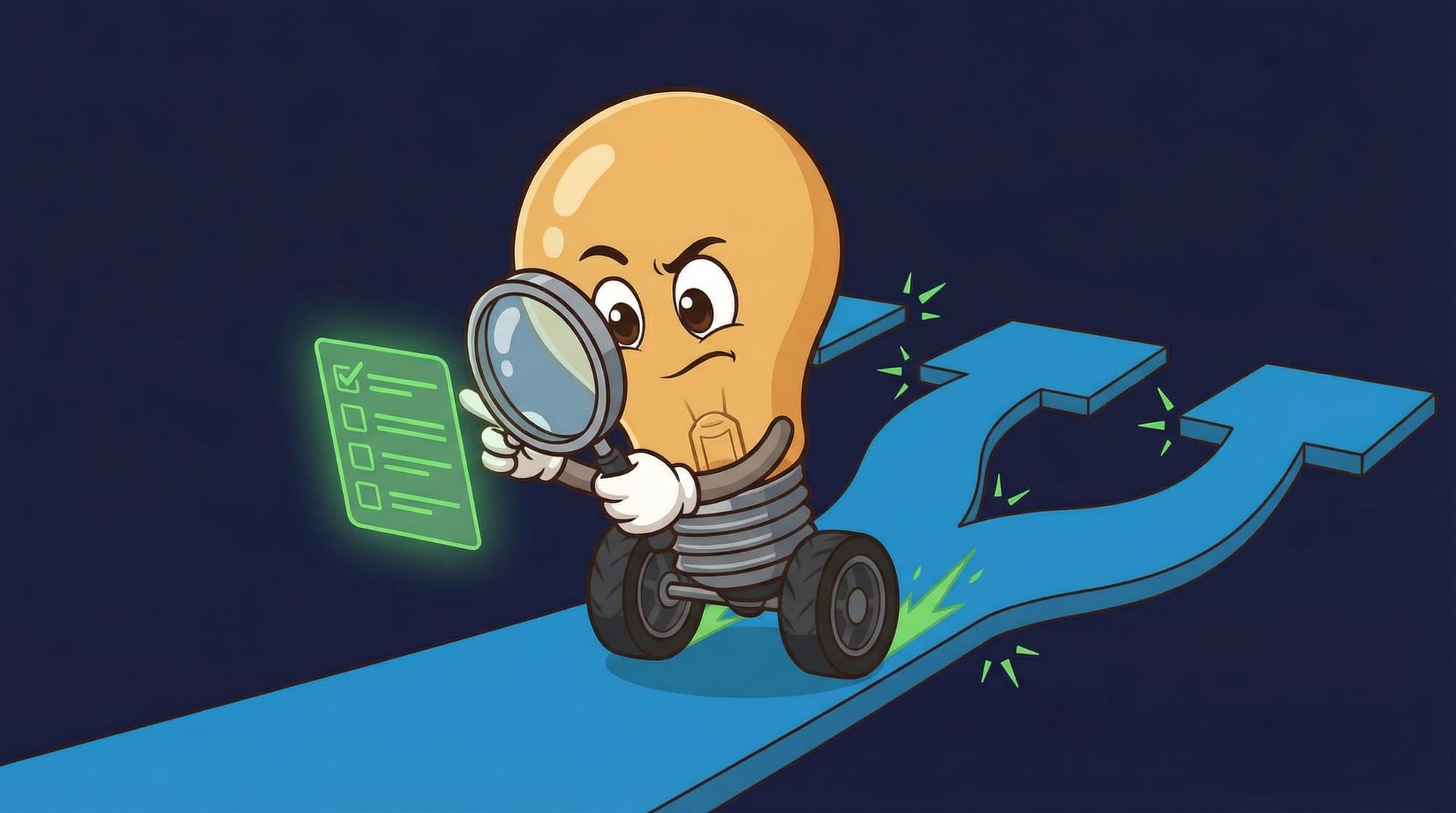 Flick the lightbulb mascot examines a glowing checklist with a magnifying glass, eyes narrowed in concentration, at a fork...