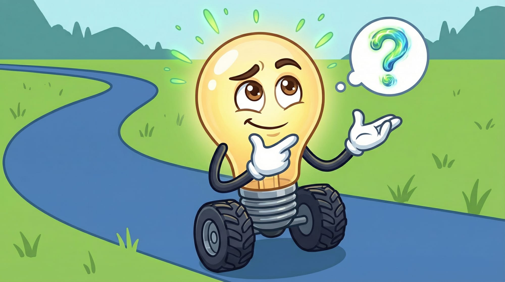 Flick the lightbulb mascot rolls along a blue road, chin in hand, gazing thoughtfully at a glowing question mark while gre...