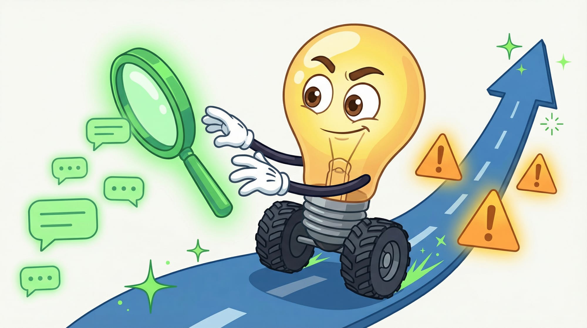 Flick the lightbulb mascot races forward with outstretched gloves toward a glowing magnifying glass, eyes wide with determ...