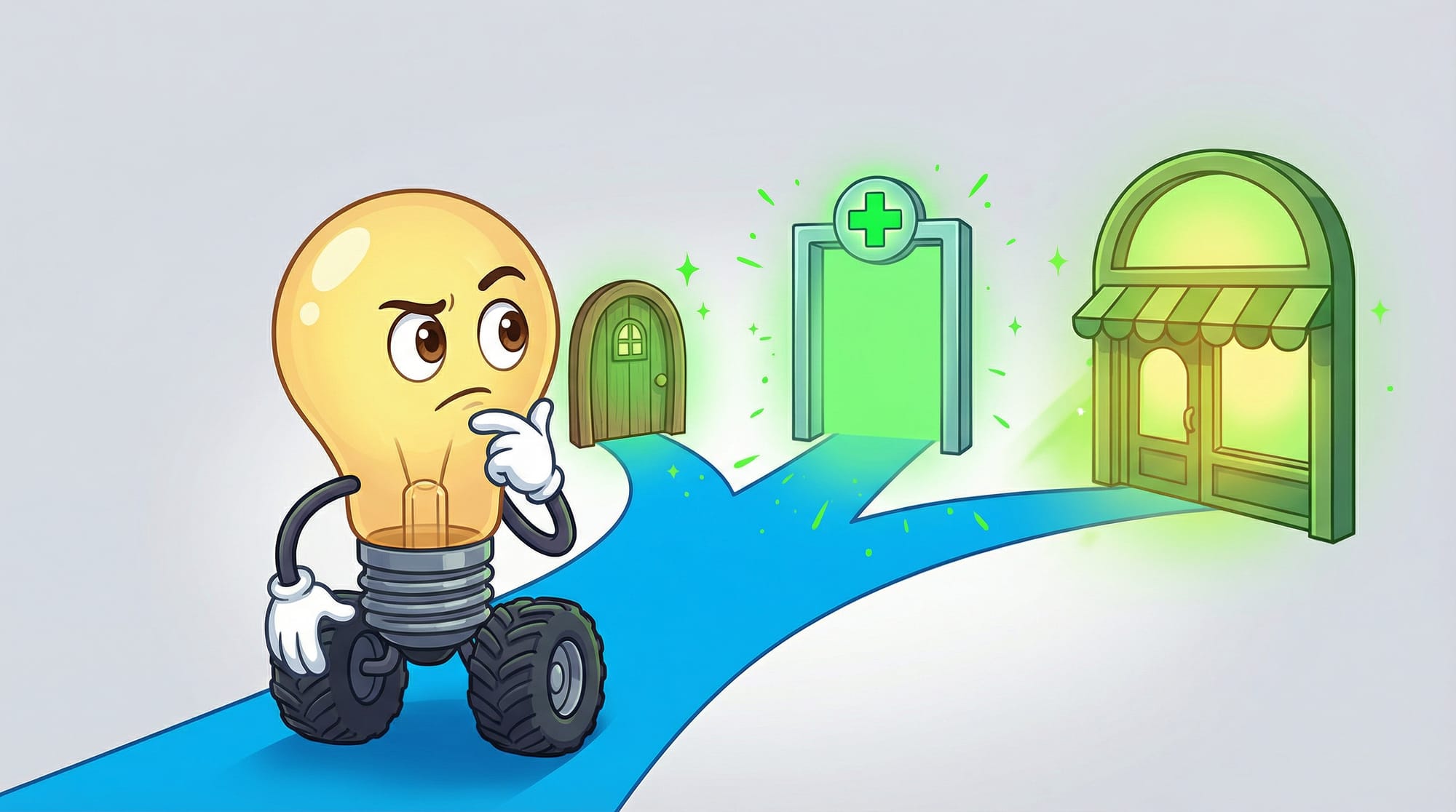 Flick the lightbulb mascot considers three glowing green doorways at a forked road, hand on chin, eyebrows furrowed in tho...