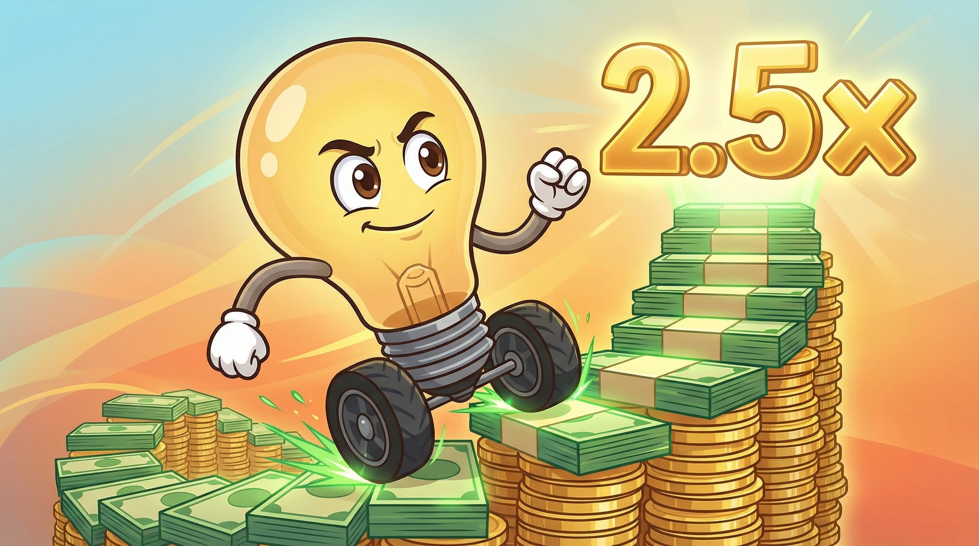 Flick the lightbulb mascot races up a coin staircase on chunky wheels, white-gloved hands reaching toward a glowing 2.5x s...