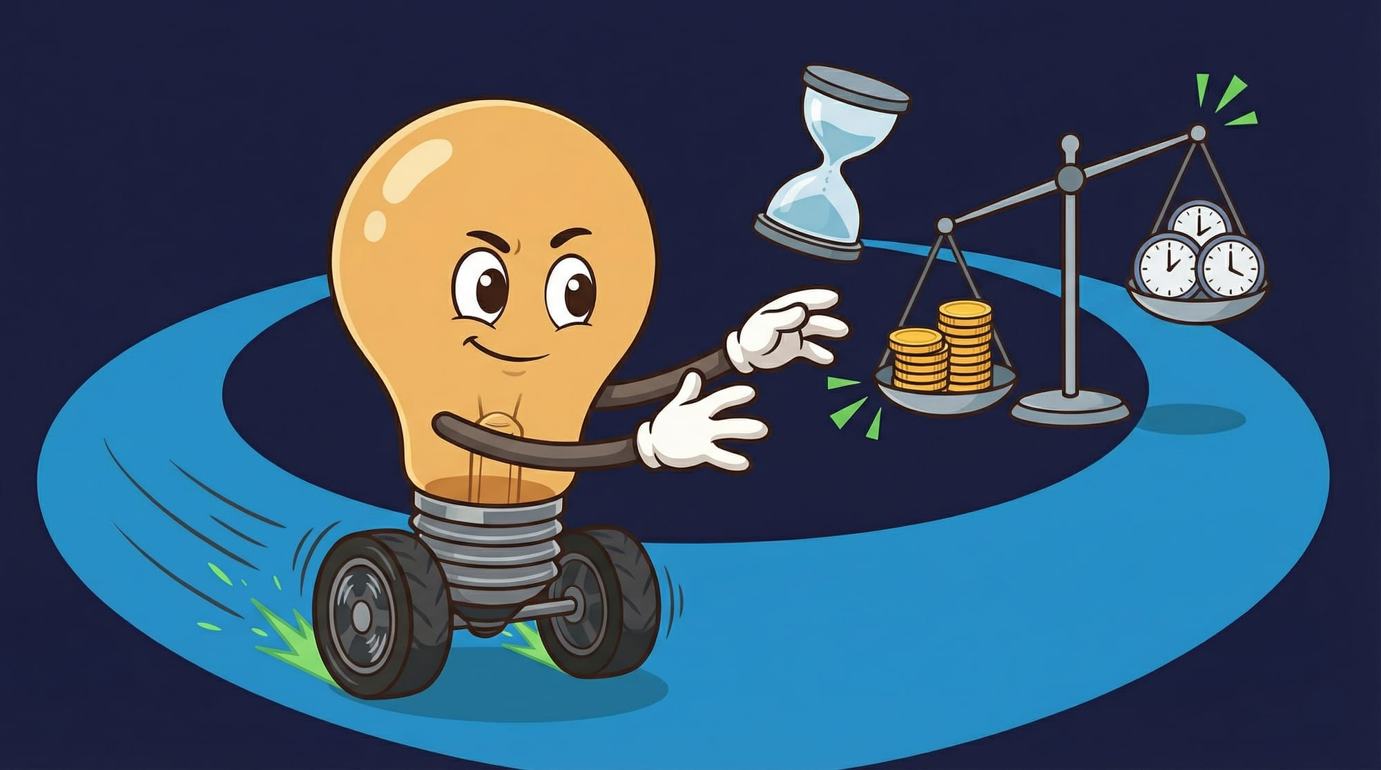 Flick the lightbulb mascot races forward on wheels with determined eyes, reaching toward a floating hourglass and balance ...