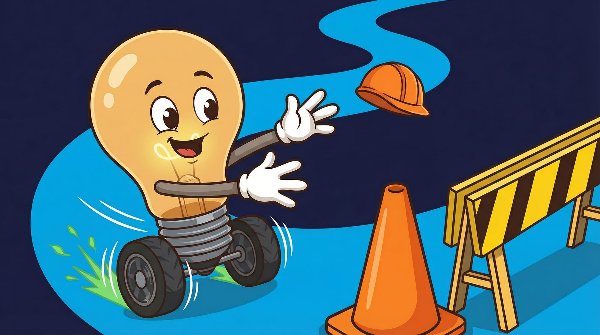 Flick the lightbulb mascot races eagerly along a blue path toward an orange construction cone, reaching for a hard hat wit...