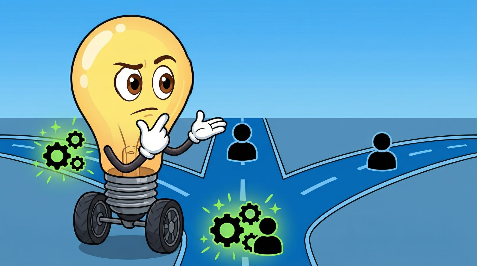 Flick the lightbulb mascot pauses at a three-way junction, hand on chin, considering paths marked automation, human, and h...