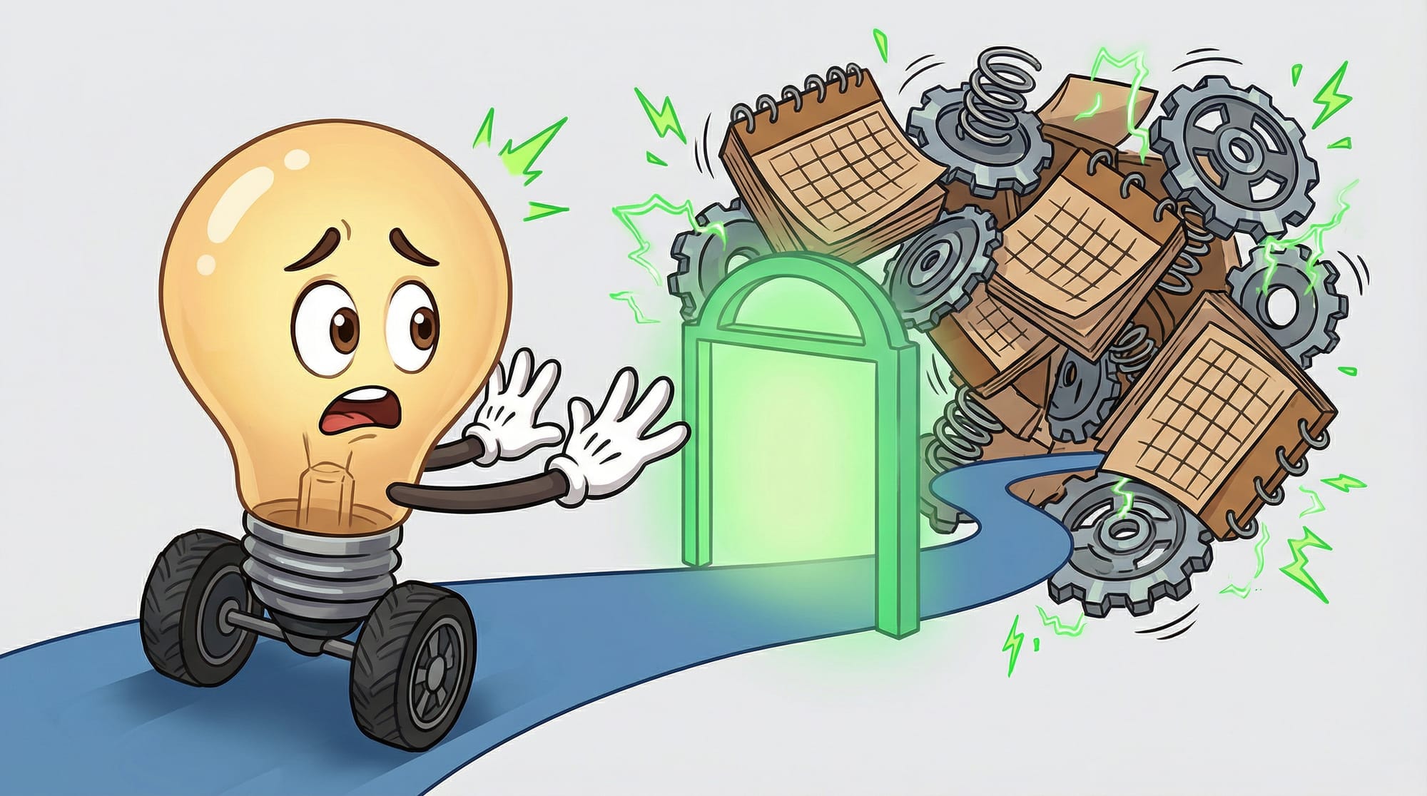 Flick the lightbulb mascot races toward tangled calendar blocks and gears, white-gloved hands raised in a stop gesture, ey...