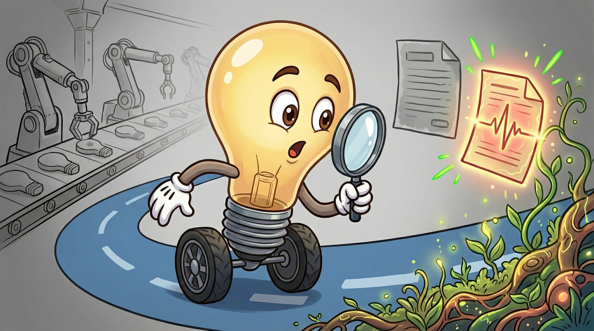 Flick the lightbulb mascot examines two documents with a magnifying glass—one generic, one glowing with a heartbeat—eyes w...