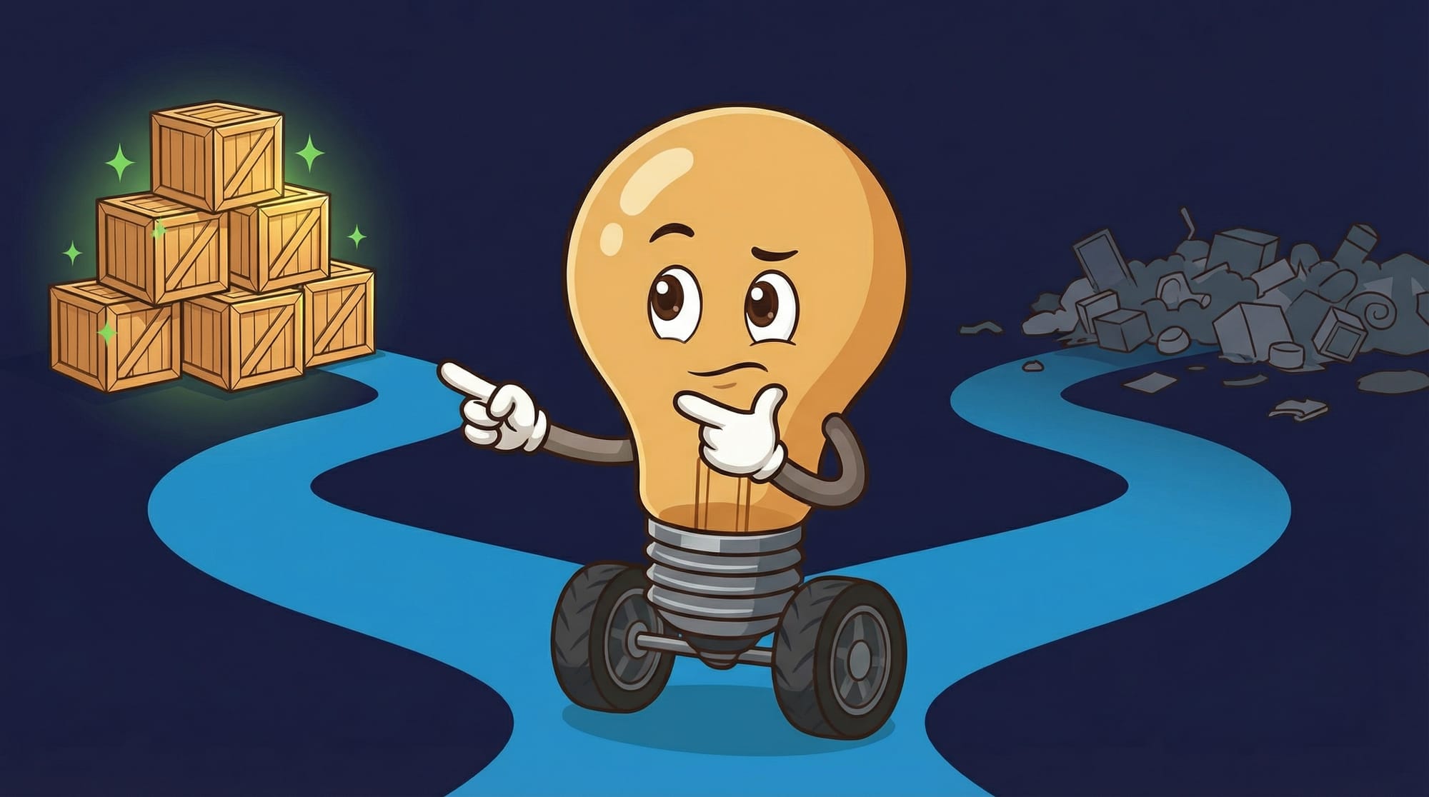 Flick the lightbulb mascot contemplates two paths at a crossroads—one leading to organized glowing boxes, the other to sca...