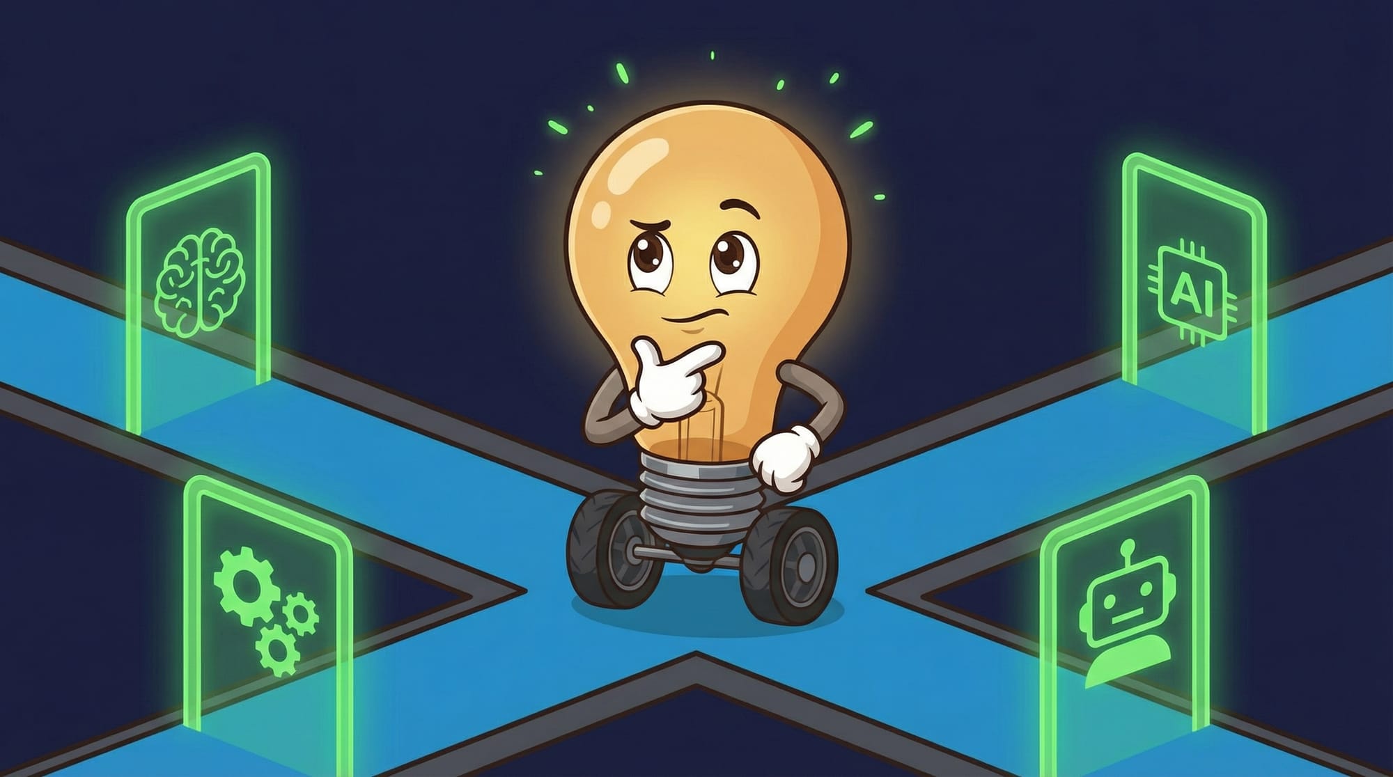 Flick the lightbulb mascot pauses at a three-way junction, hand on chin, contemplating paths to glowing green AI gateways.