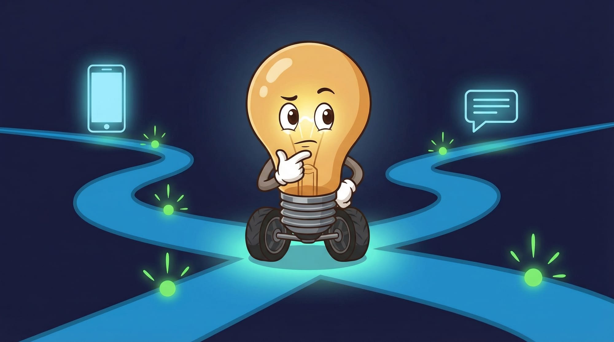 Flick the lightbulb mascot pauses thoughtfully at a glowing blue crossroads, one gloved hand on chin, eyebrows raised whil...