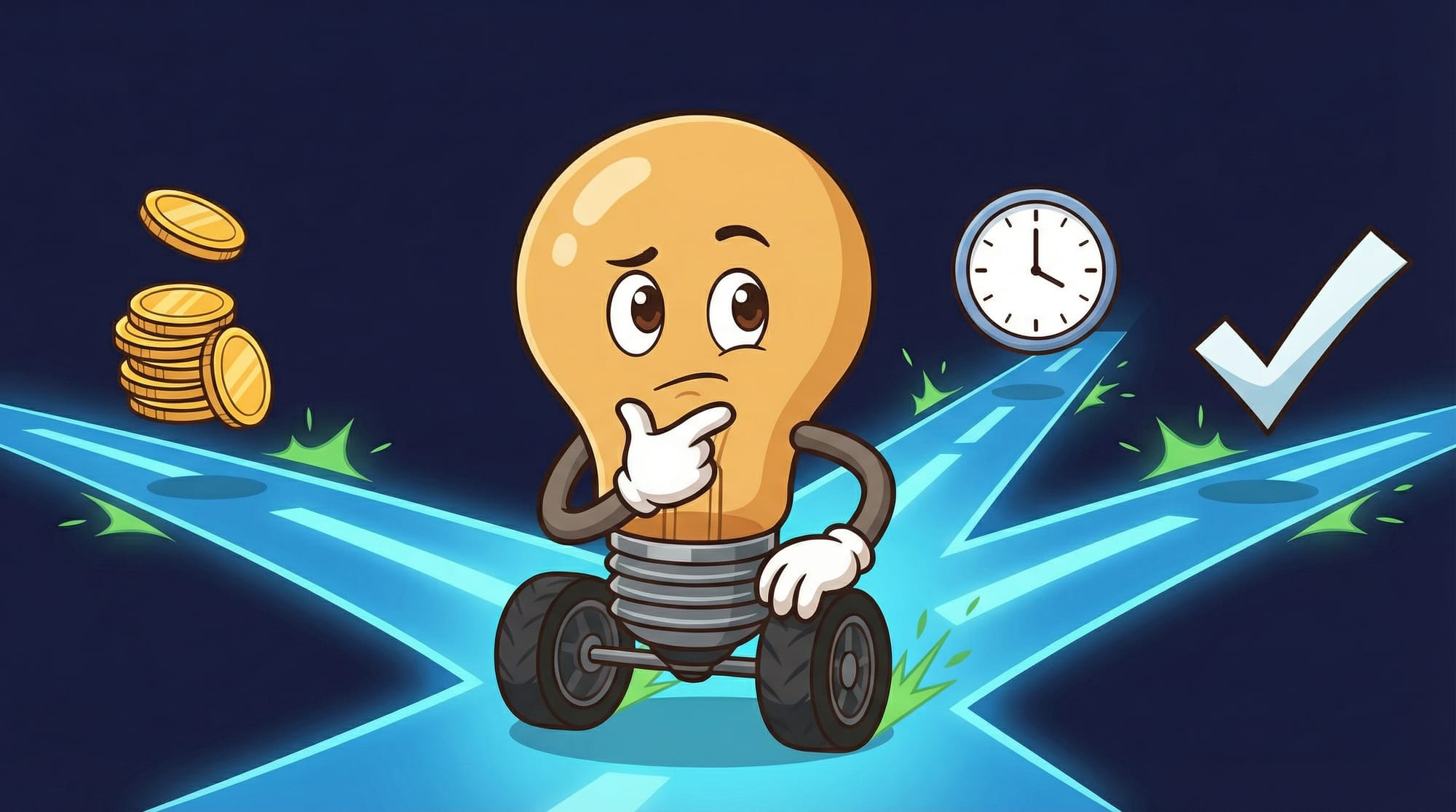 Flick the lightbulb mascot contemplates a glowing crossroads, hand on chin, choosing between paths leading to coins, a clo...