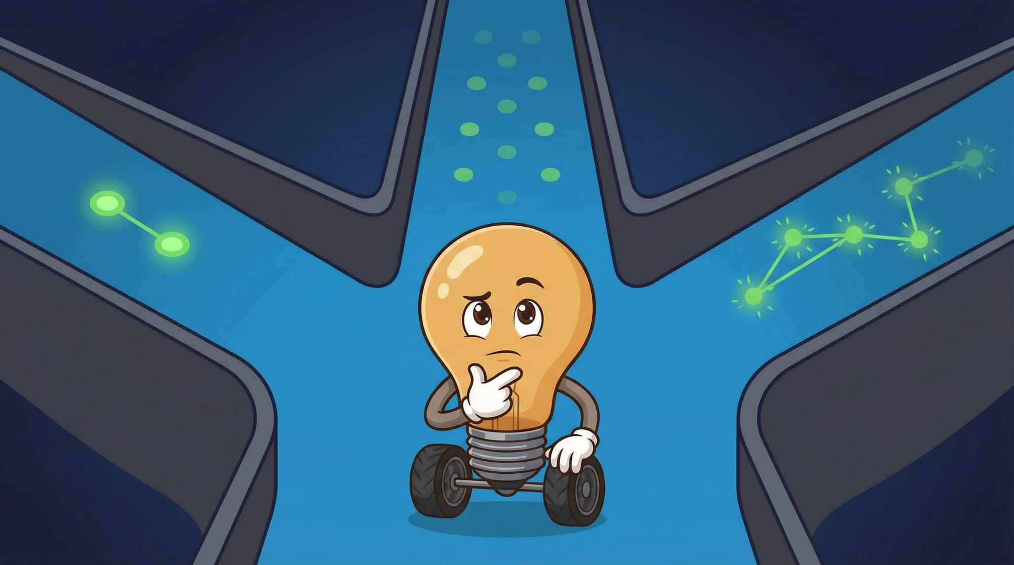 Flick the lightbulb mascot thoughtfully considers three branching paths, one hand on chin, eyeing routes with varying node...