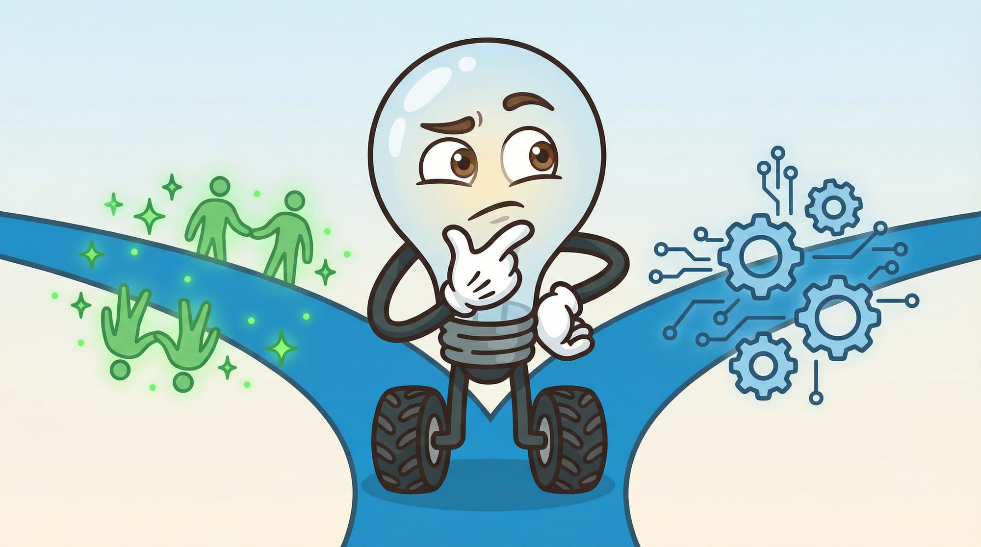 Flick the lightbulb mascot contemplates two diverging paths at a junction, one glowing green, one with gear symbols.