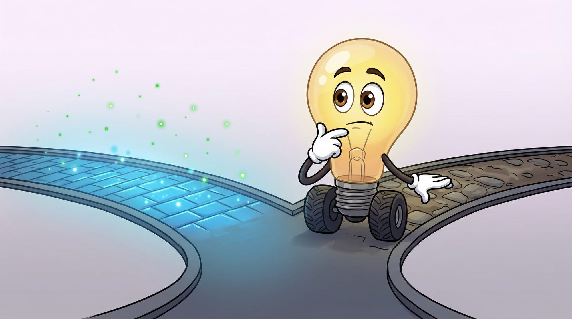 Flick the lightbulb mascot contemplates two paths: a bright blue automated route and a darker traditional one, hand on chin.