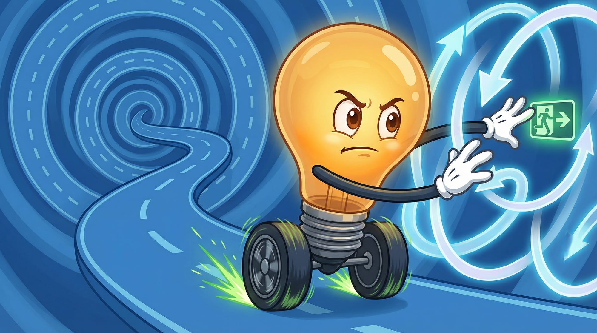 Flick the lightbulb mascot races determinedly along a blue winding road, pushing through a barrier of circular arrows whil...