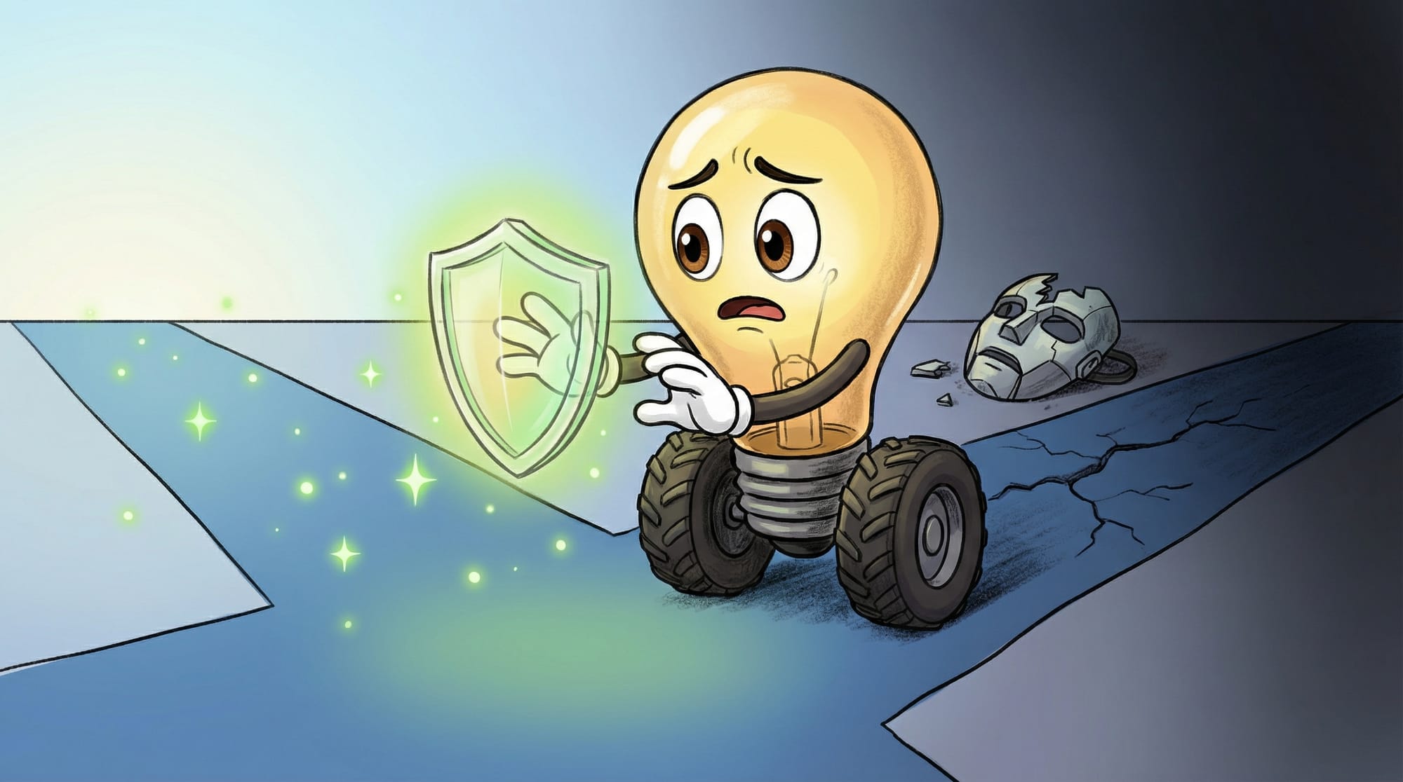 Flick the lightbulb mascot speeds toward a forked road, reaching for a glowing shield while a broken robot mask lies disca...