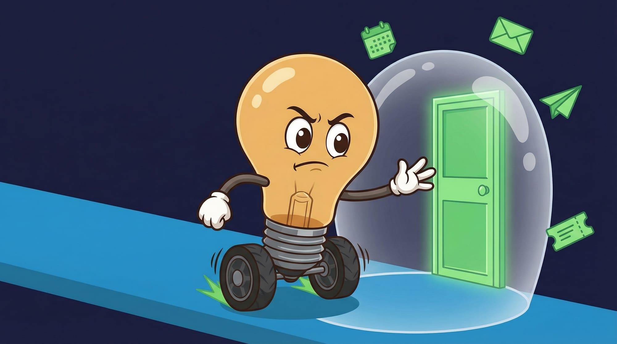 Flick the lightbulb mascot races toward a glowing green door behind a transparent dome, white-gloved hands outstretched, e...