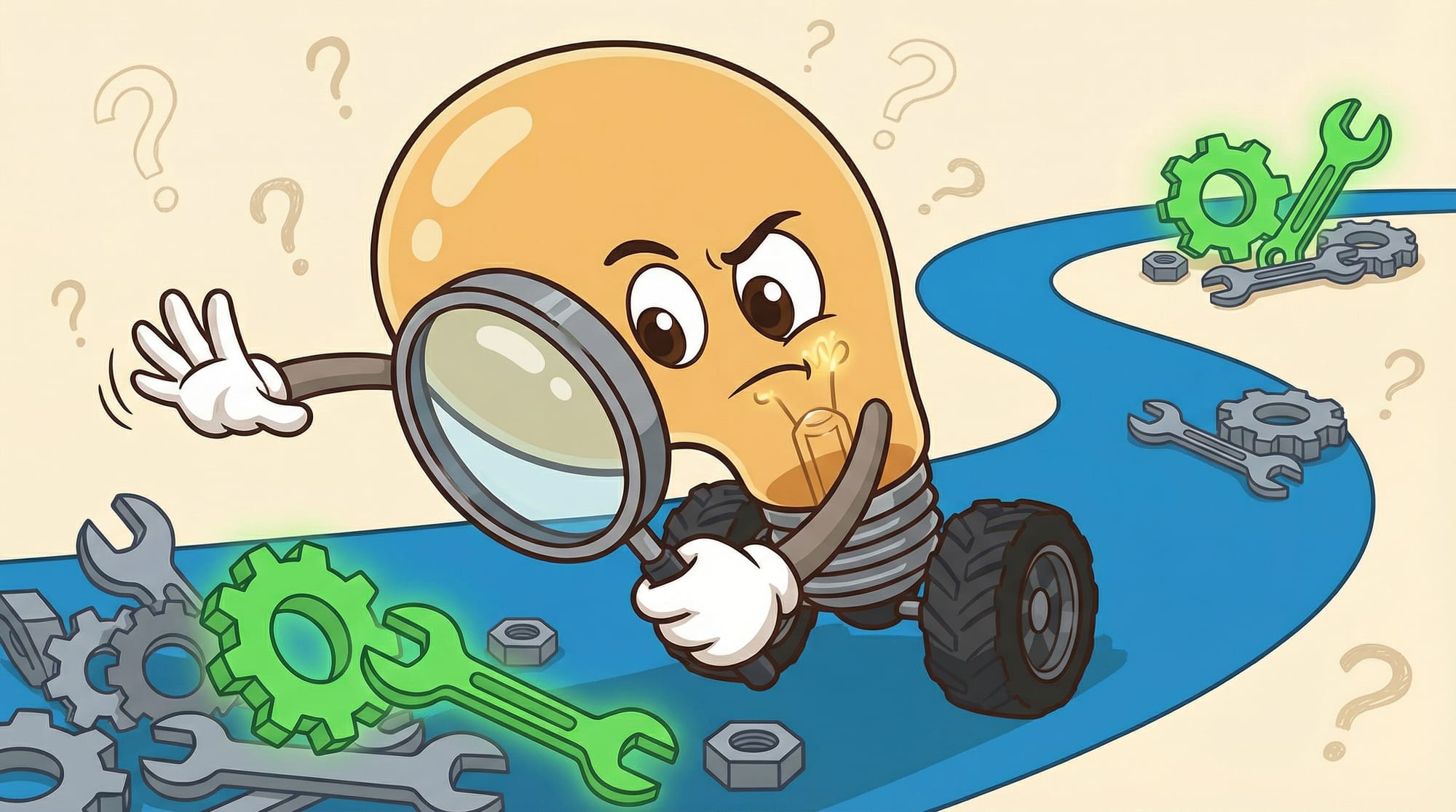 Flick the lightbulb mascot examines gray and green geometric tools with a magnifying glass, eyes narrowed skeptically, on ...