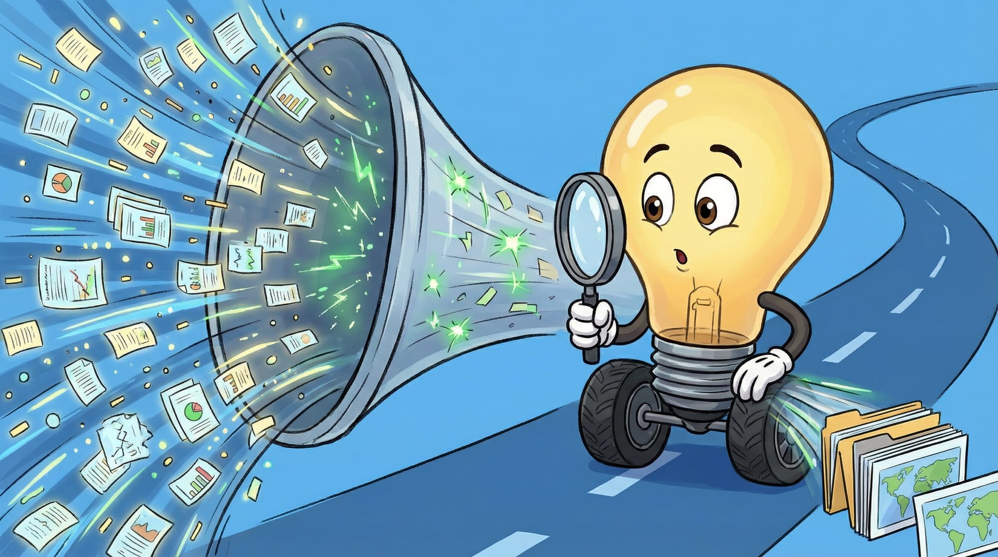 Flick the lightbulb mascot examines a funnel with a magnifying glass as documents and data particles transform into organi...