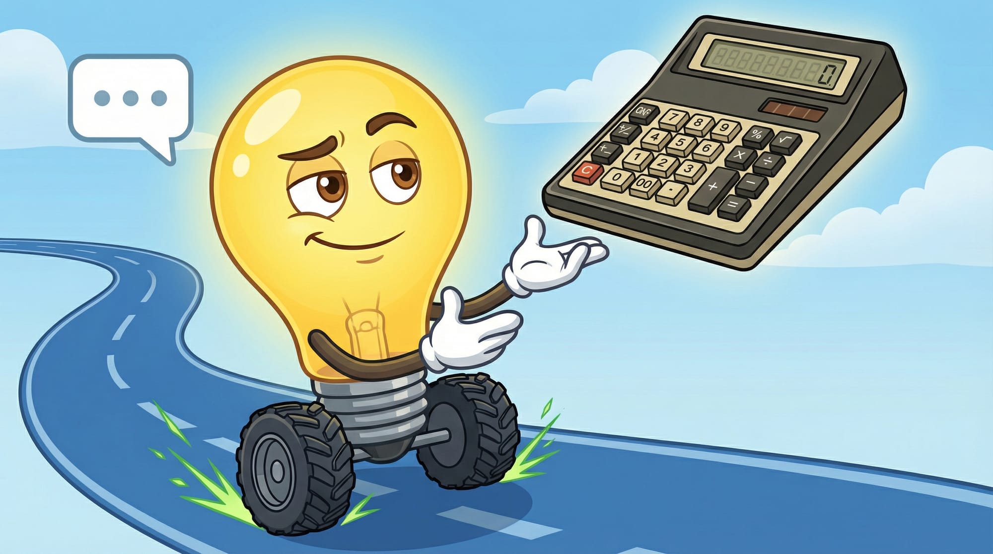 Flick the lightbulb mascot rolls along a blue road, eyebrows raised skeptically at a floating old calculator, gesturing wi...