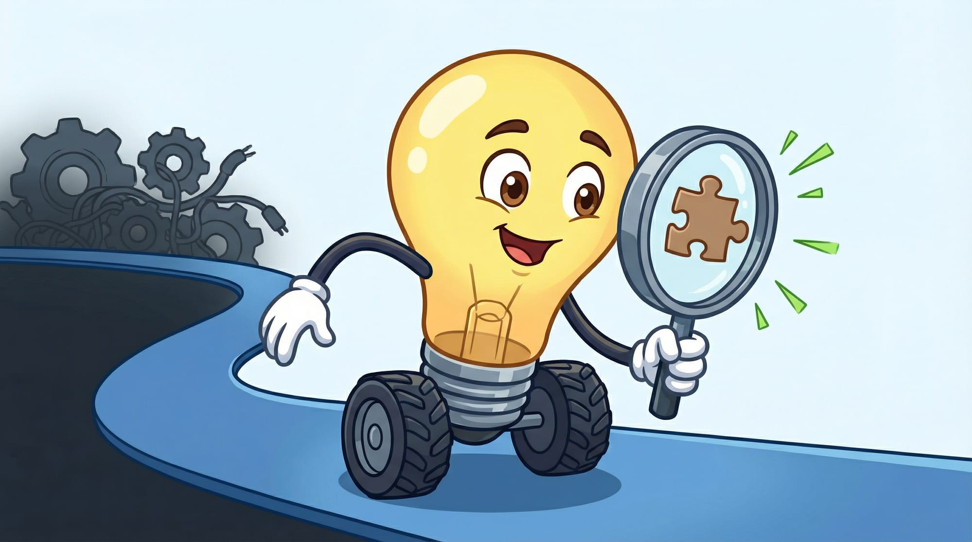 Flick the lightbulb mascot examines a floating puzzle piece with a magnifying glass, eyes wide with fascination, rolling p...