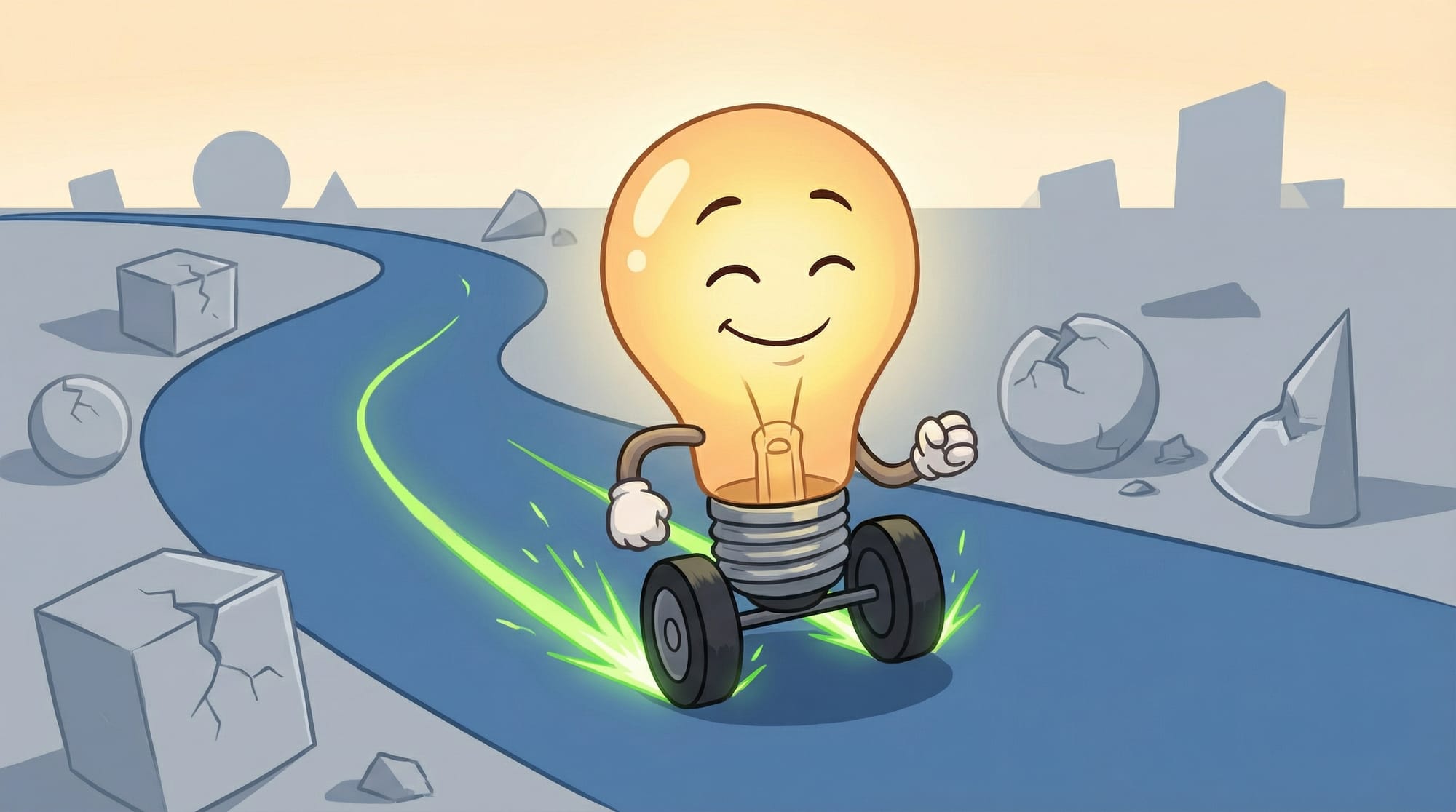 Flick the lightbulb mascot rolls confidently along a winding blue road, glowing warmly with a satisfied smile, leaving gre...