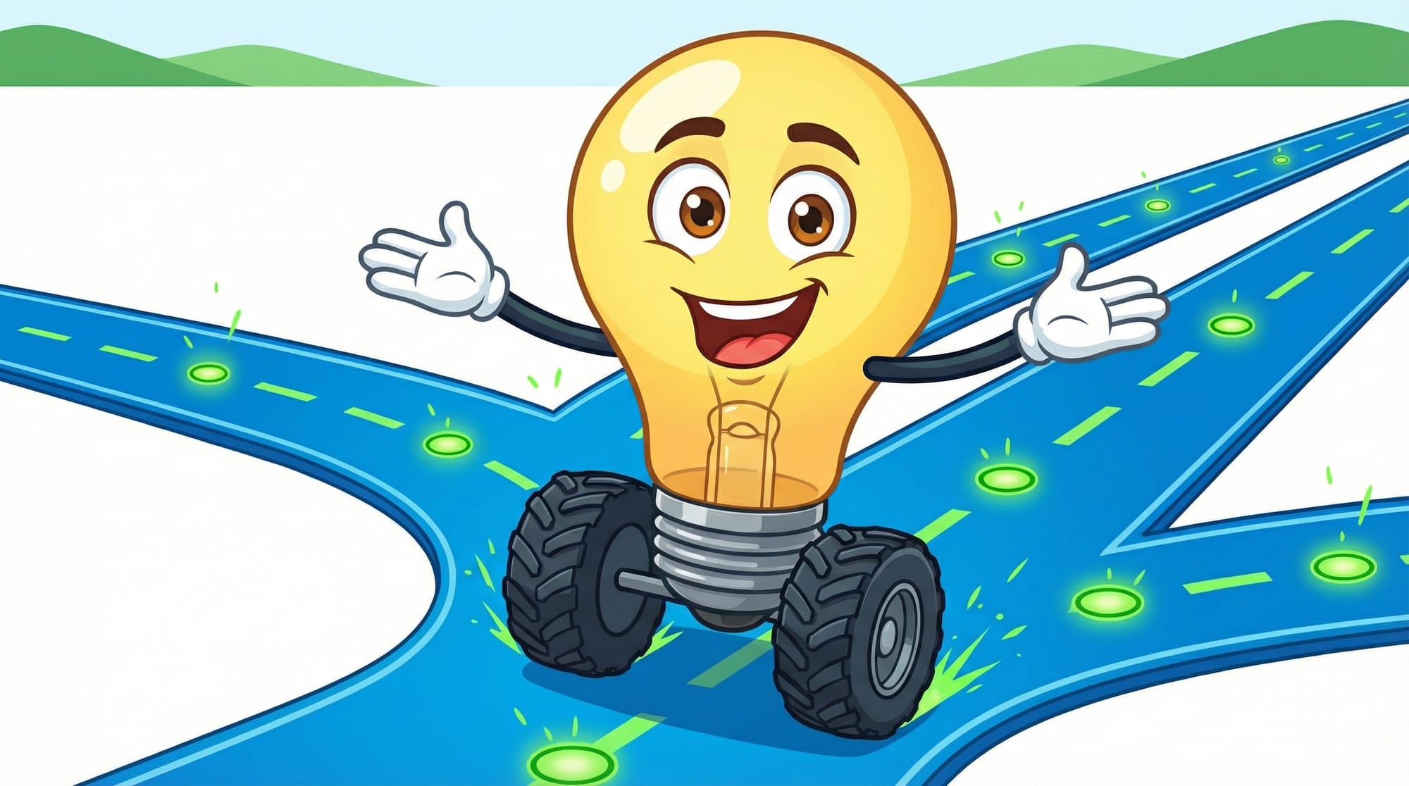 Flick the lightbulb mascot rolls down a branching blue road, arms spread wide, brown eyes excited, green sparks radiating ...