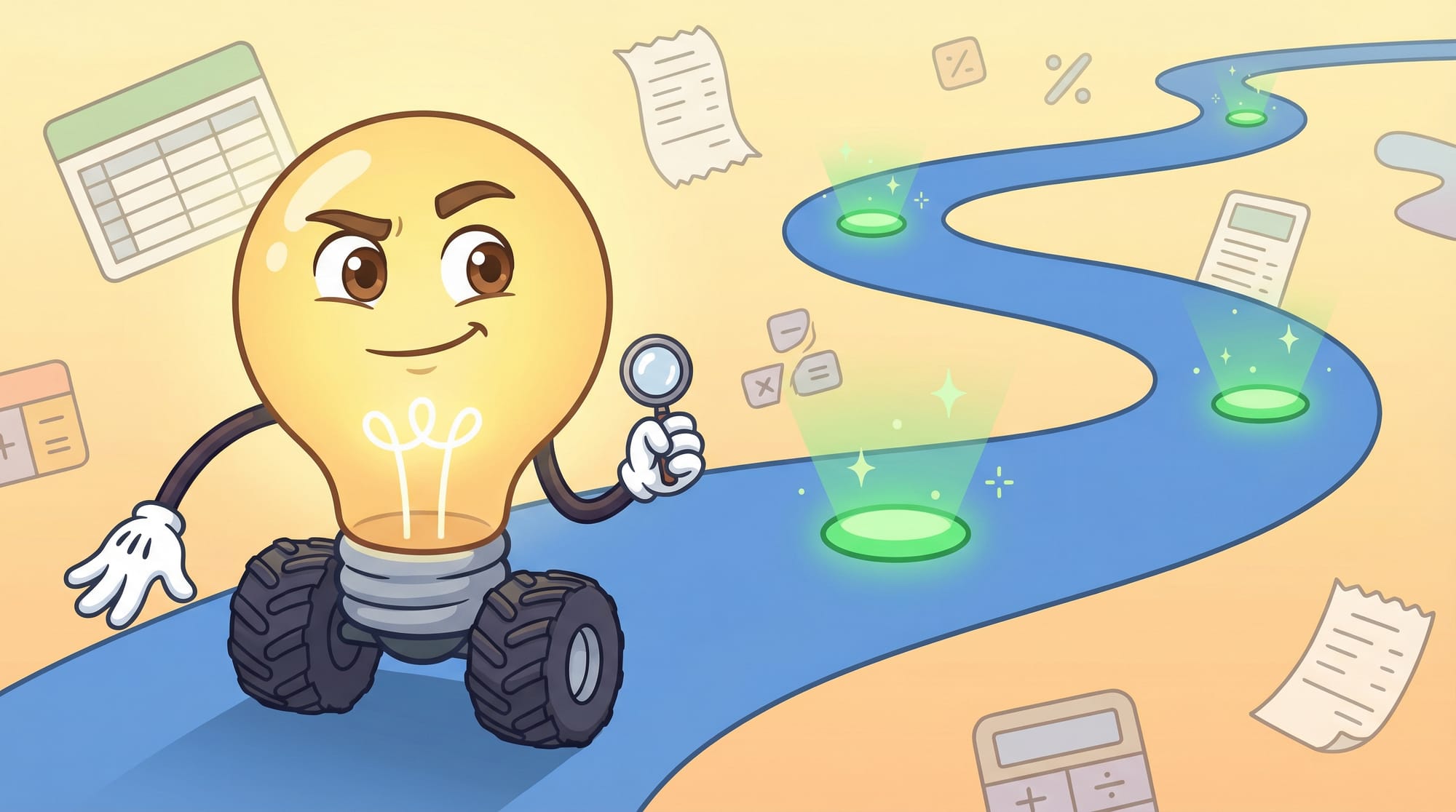 Flick the lightbulb mascot leans forward eagerly with magnifying glass, ready to guide viewers down a blue road lined with...