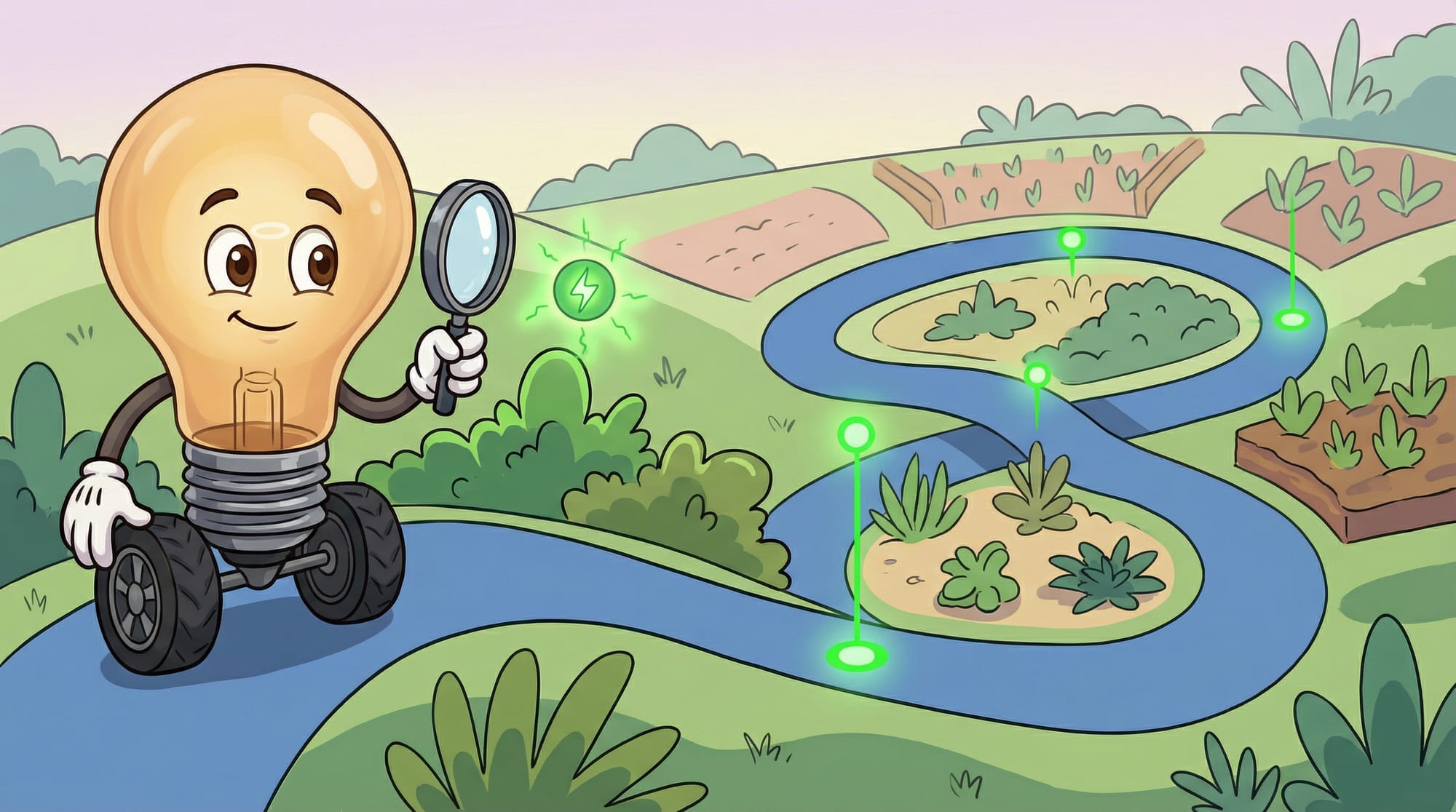Flick the lightbulb mascot holds a magnifying glass, examining a glowing green node on a winding blue road through a garden.