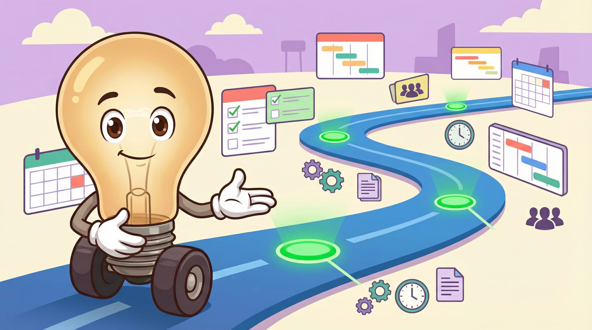 Flick the lightbulb mascot gestures welcomingly at a winding blue road lined with floating project management icons.