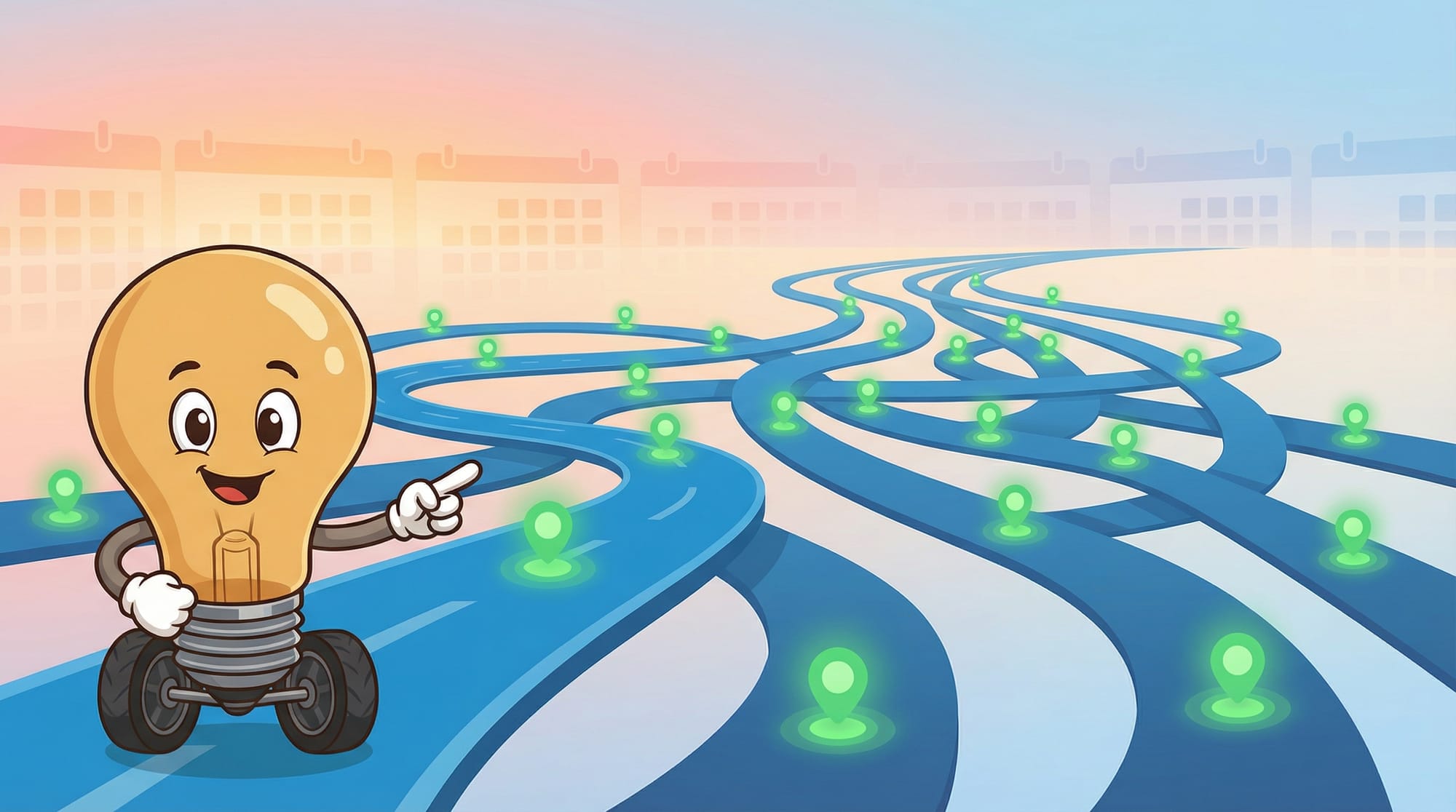 Flick the lightbulb mascot gestures enthusiastically at a blue road with 30 glowing green nodes representing social media ...