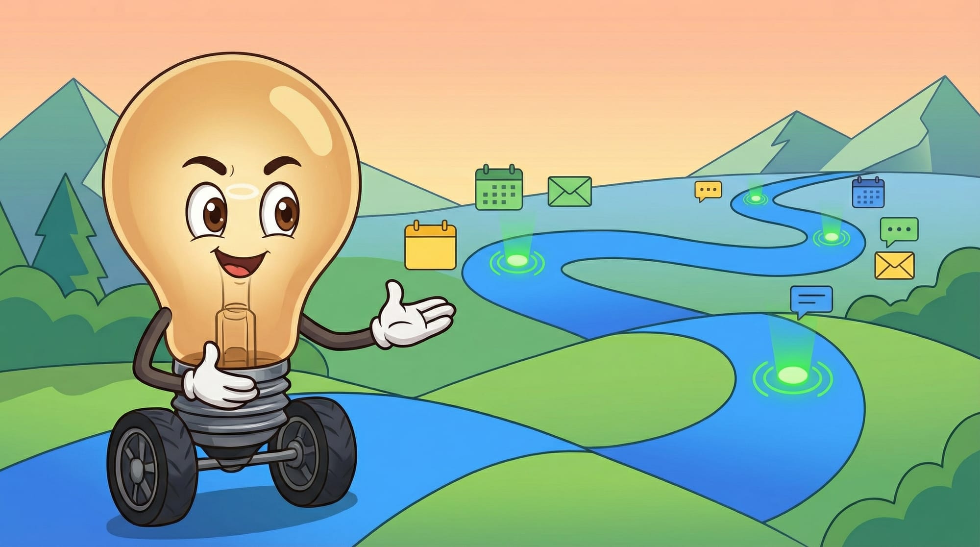 Flick the lightbulb mascot gestures welcomingly at a winding blue road with floating productivity icons ahead.