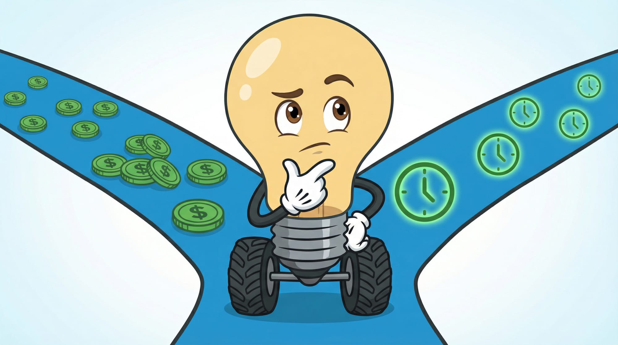 Flick the lightbulb mascot contemplates two diverging roads at a junction, one with dollar coins, one with clock icons.