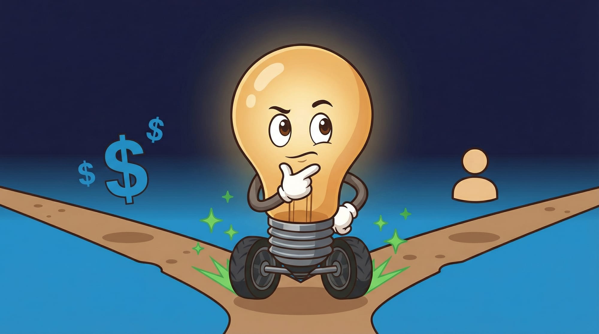 Flick the lightbulb mascot contemplates at a fork in the road, hand under chin, eyeing paths marked with dollar signs and ...