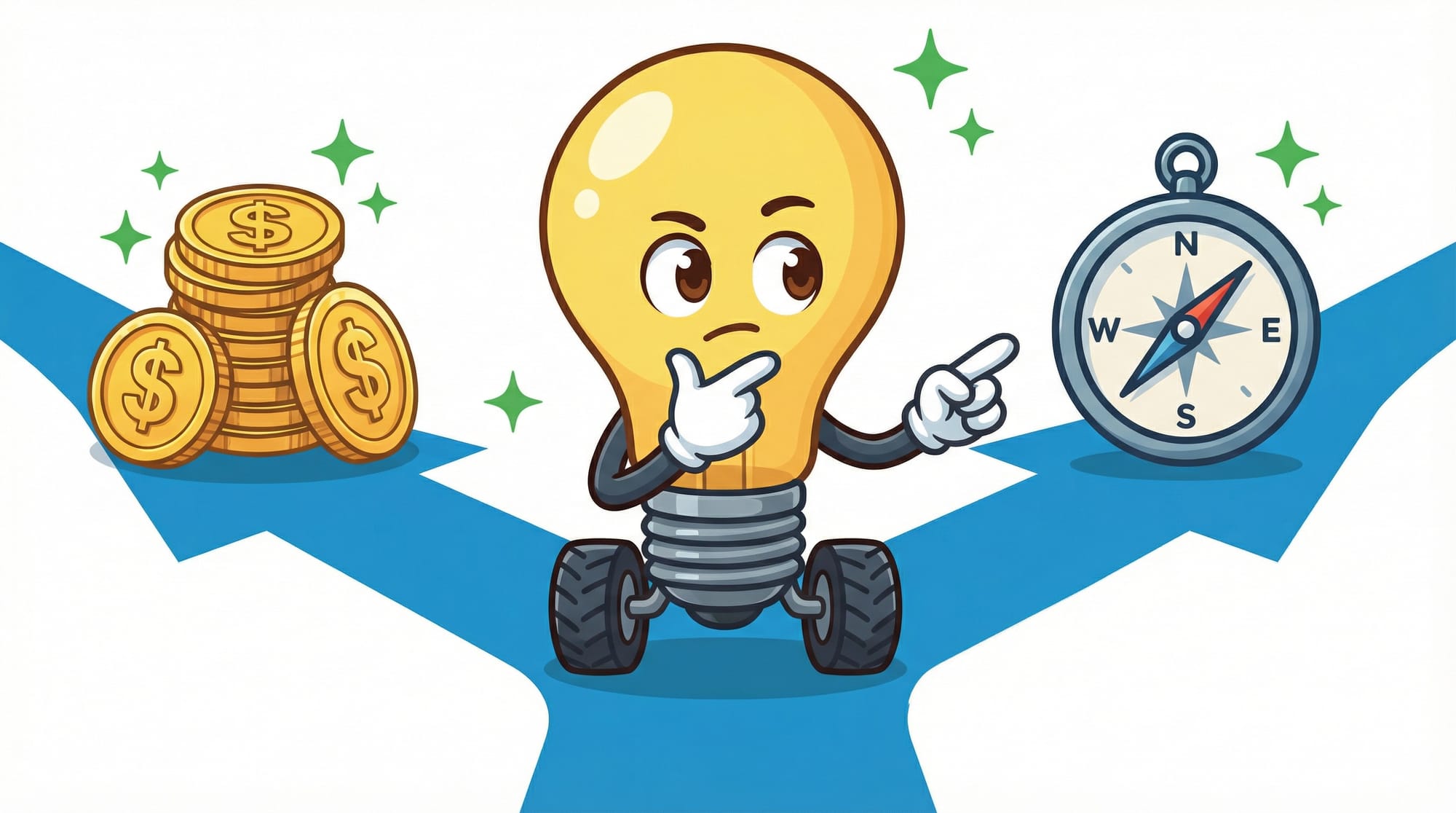 Flick the lightbulb mascot contemplates two paths at a crossroads: one with coins, one with a compass, hand on chin though...