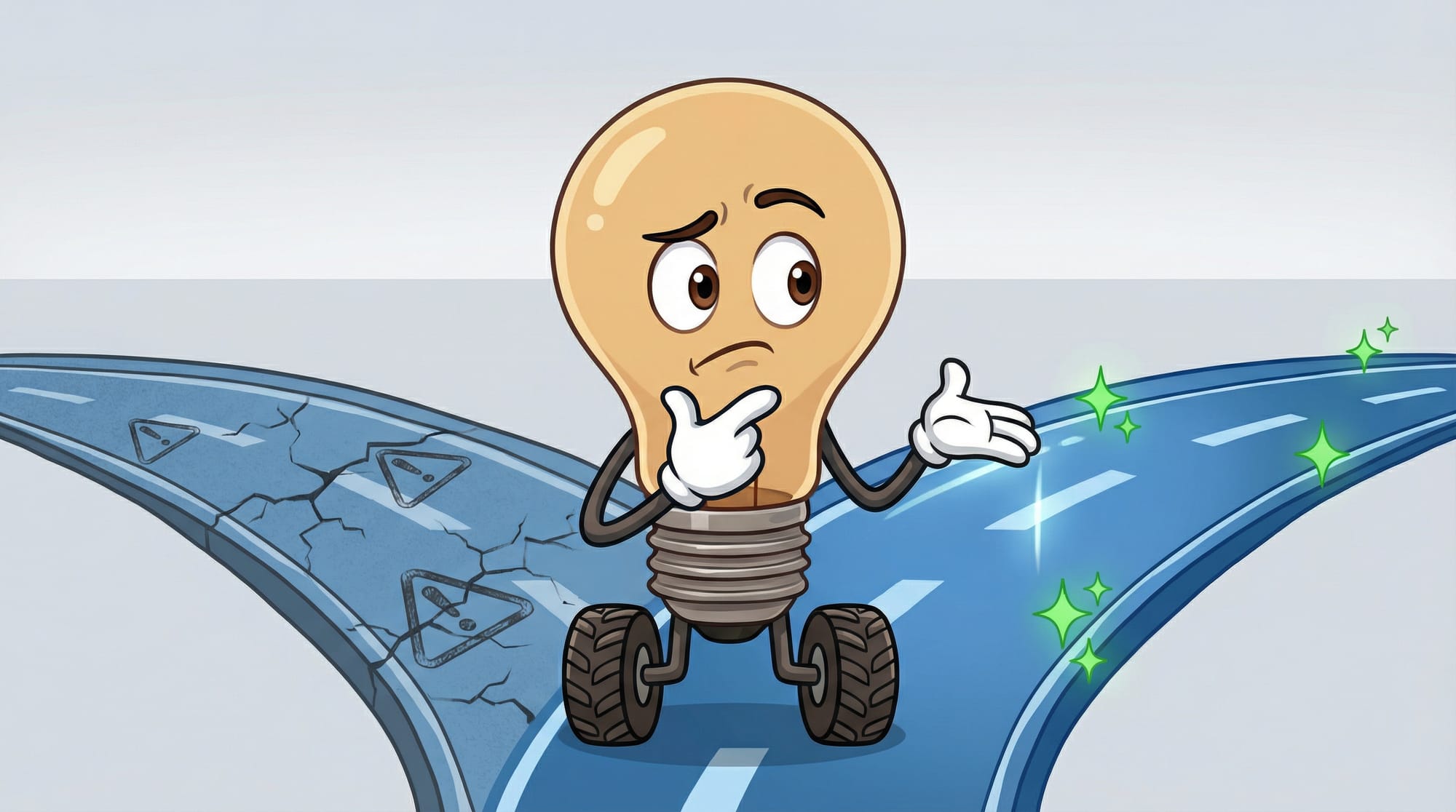 Flick the lightbulb mascot contemplates two paths at a fork: one cracked with caution symbols, one smooth with safety nodes.