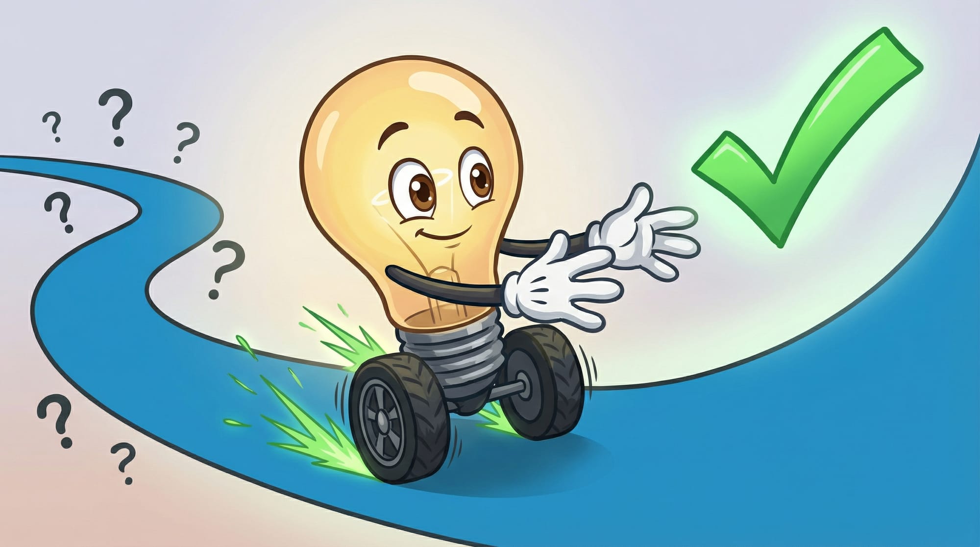 Flick the lightbulb mascot races excitedly toward a glowing green checkmark, hands outstretched, choosing the right path.