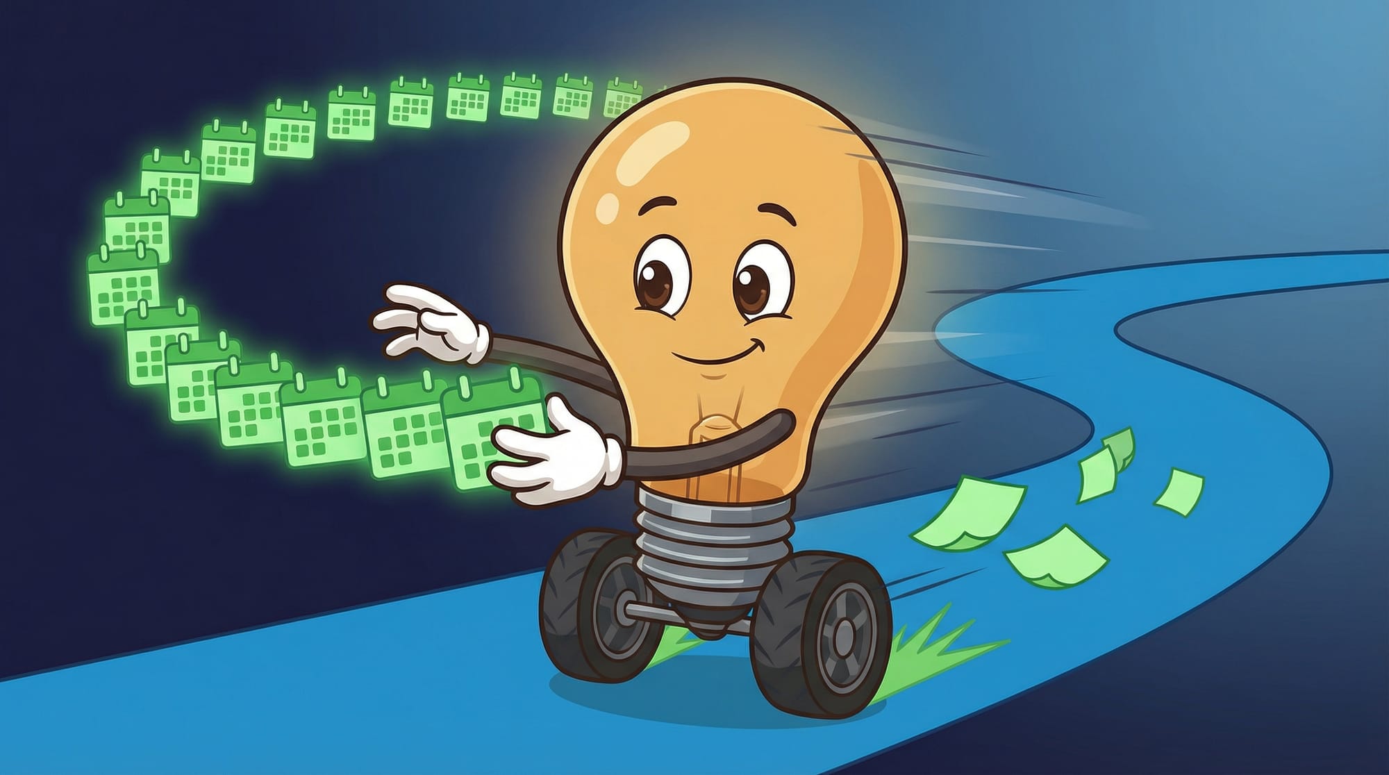 Flick the lightbulb mascot races on wheels, reaching for 30 green calendar icons spiraling along a blue road ahead.
