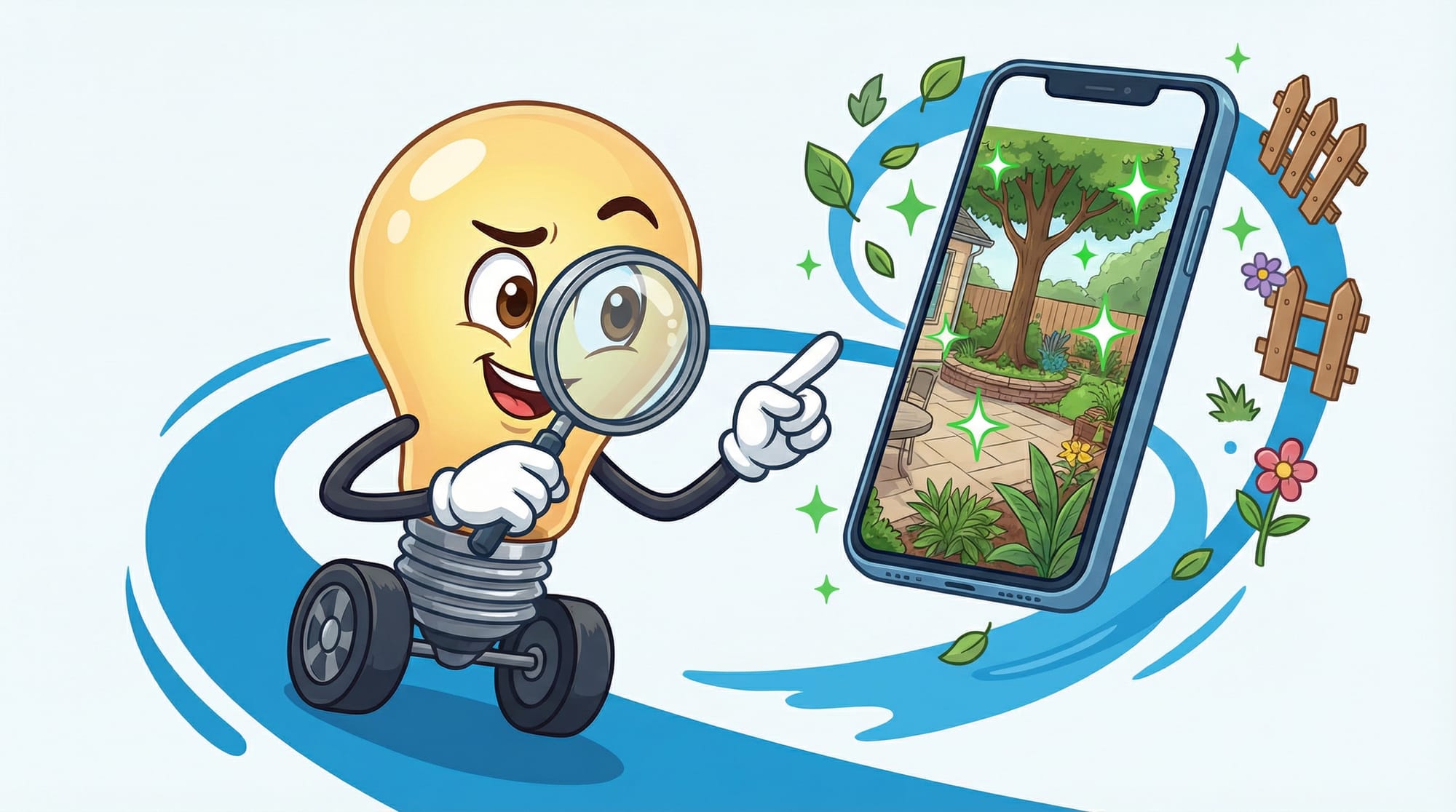 Flick the lightbulb mascot examines a backyard photo on a phone with a magnifying glass, green sparkles highlighting lands...