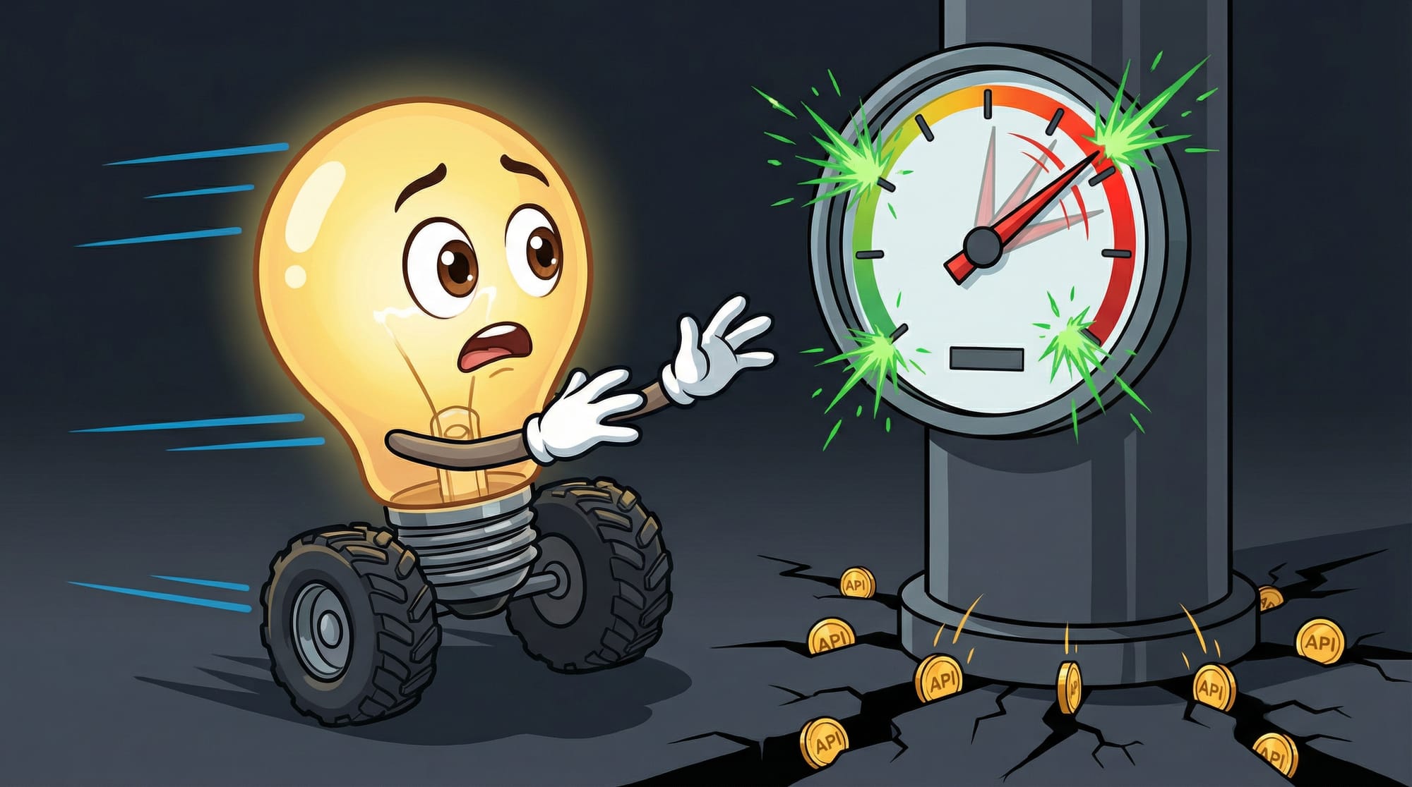 Flick the lightbulb mascot races toward a red-zone meter with alarmed expression, hands outstretched, as API tokens drain ...