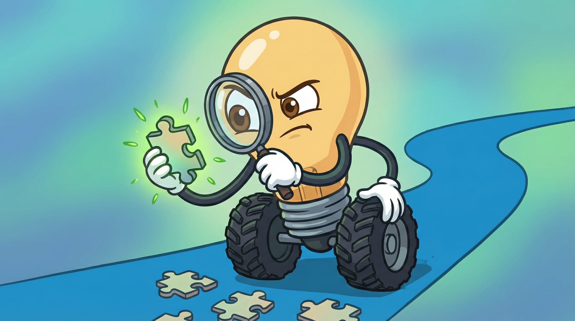 Flick the lightbulb mascot examines a glowing green puzzle piece with a magnifying glass, eyes focused in concentration.
