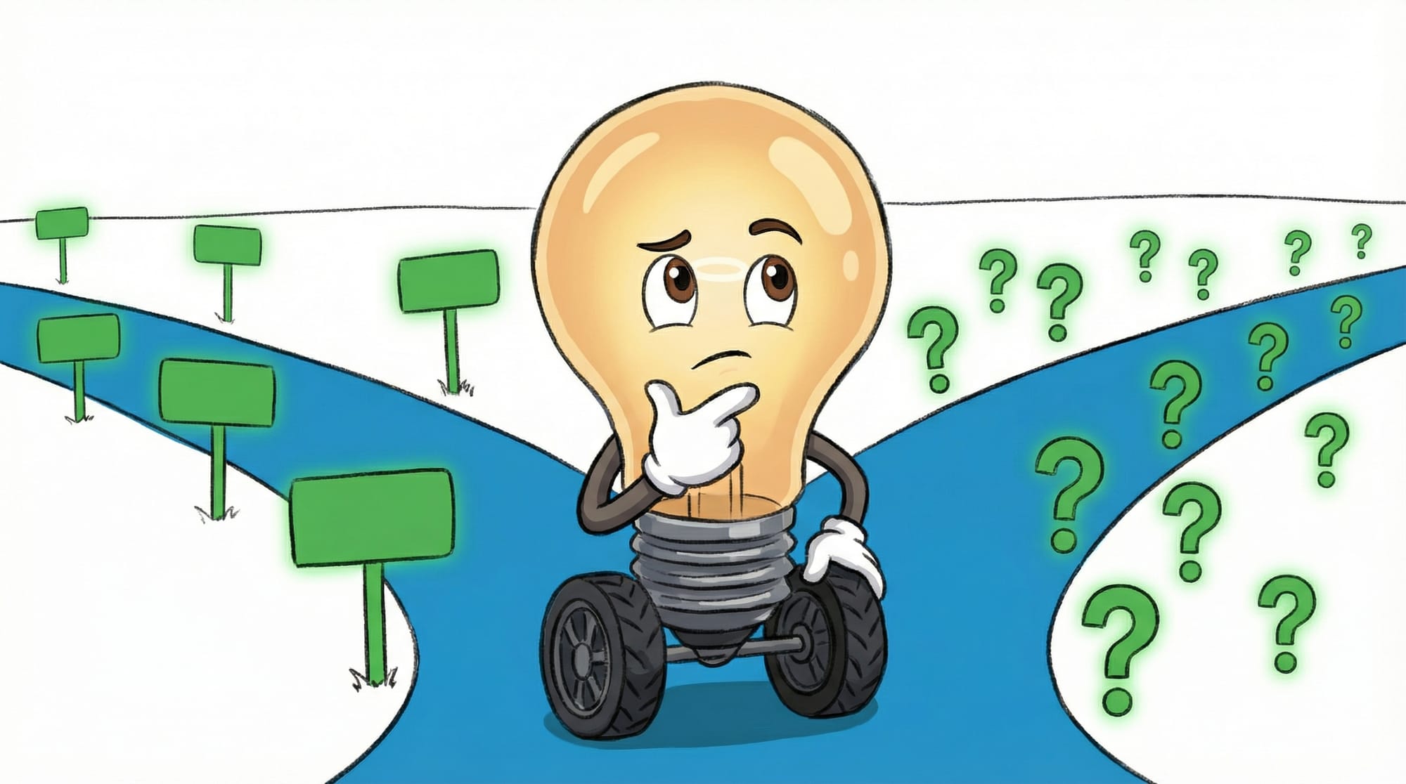 Flick the lightbulb mascot pauses thoughtfully at a forked road, hand on chin, deciding between a green-signed path and on...