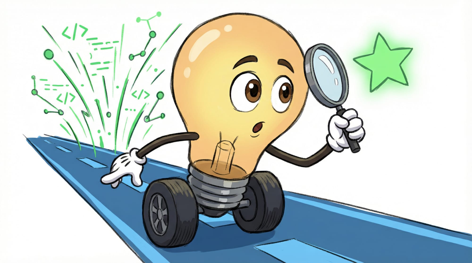 Flick the lightbulb mascot examines a glowing GitHub star with a magnifying glass, eyes wide with curiosity on wheeled base.