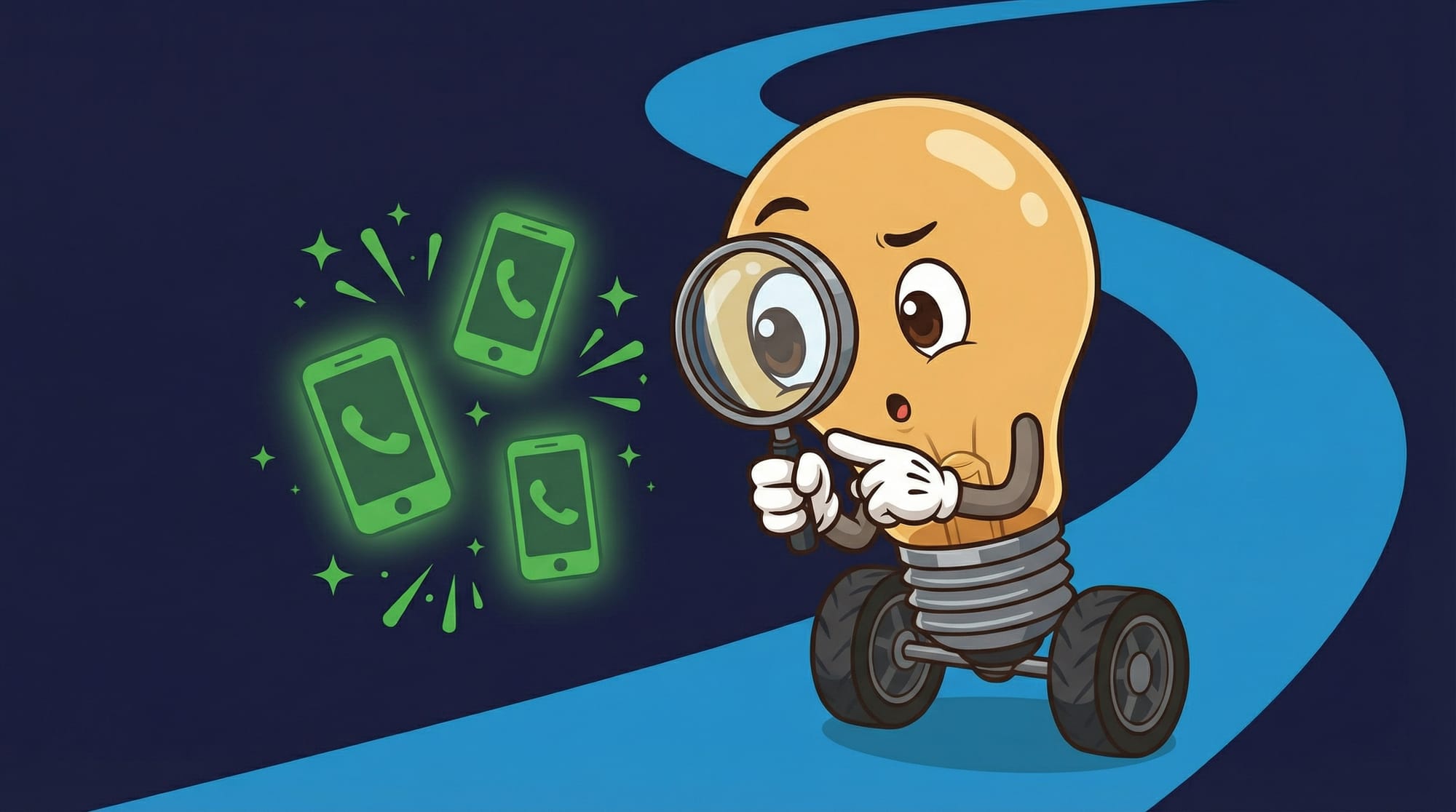 Flick the lightbulb mascot examines floating phone icons with a magnifying glass, pointing to an after-hours clock with sp...