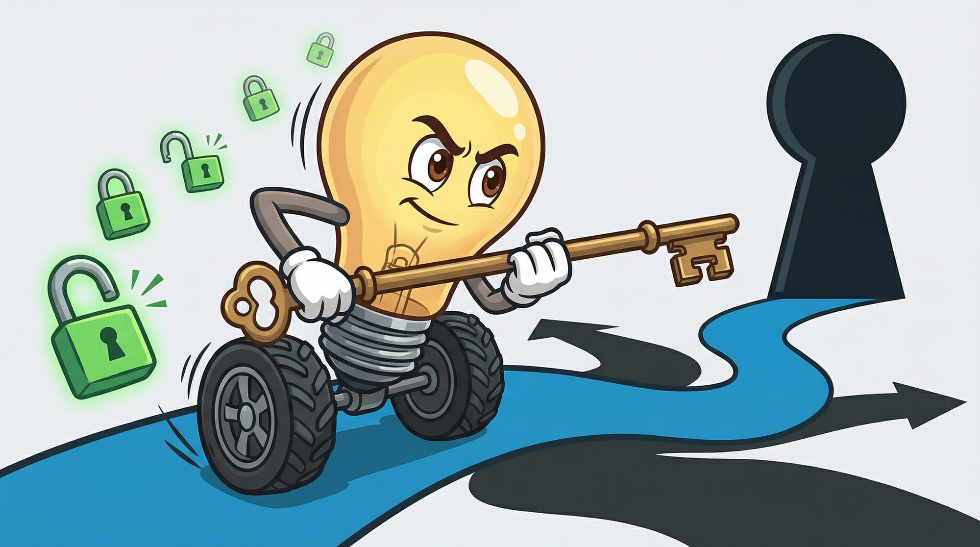 Flick the lightbulb mascot races forward gripping a large brass key, unlocking floating green padlocks on a blue road.