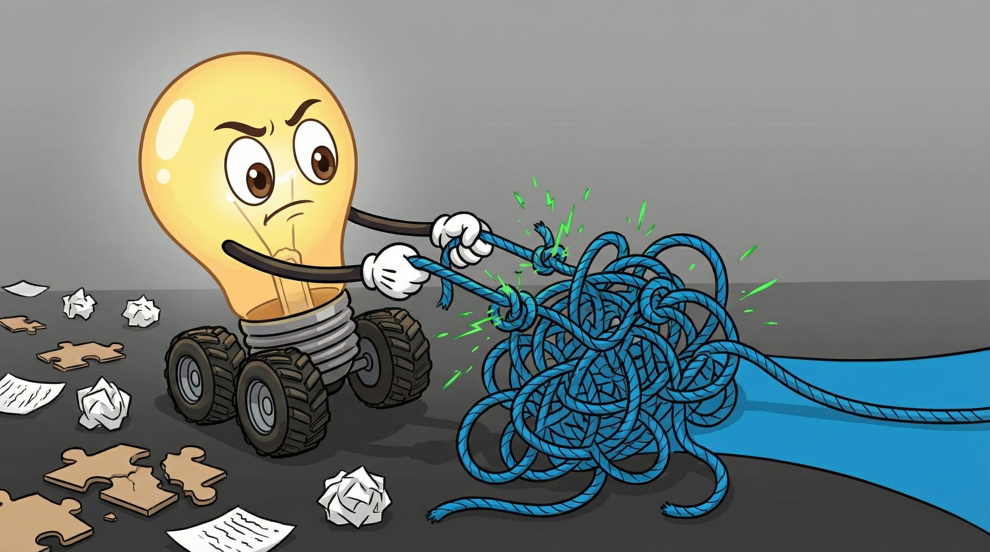 Flick the lightbulb mascot races forward, gripping tangled blue rope with determination, green sparks loosening knots ahead.