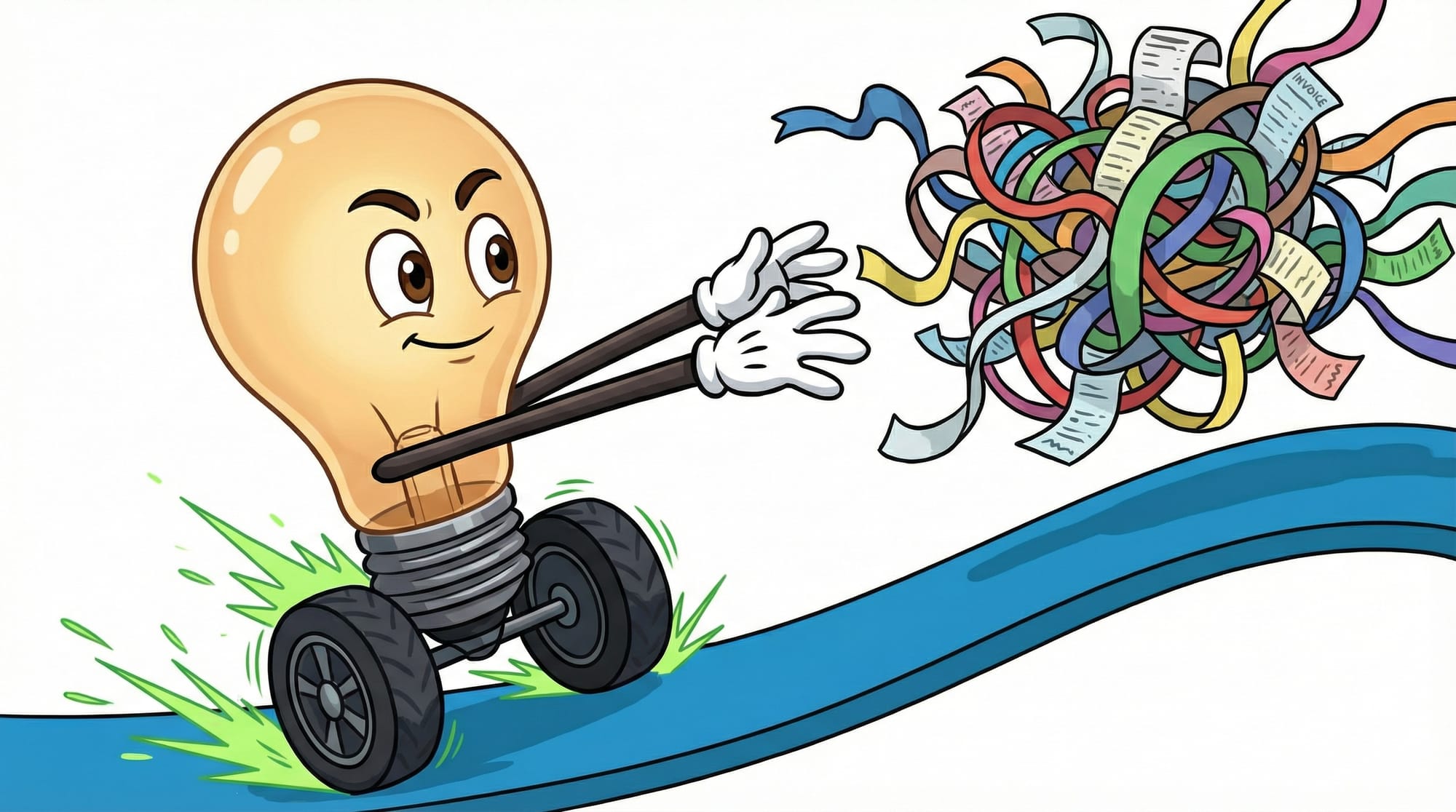 Flick the lightbulb mascot races forward with wide, determined eyes, reaching toward a tangled knot of colorful ribbons ah...
