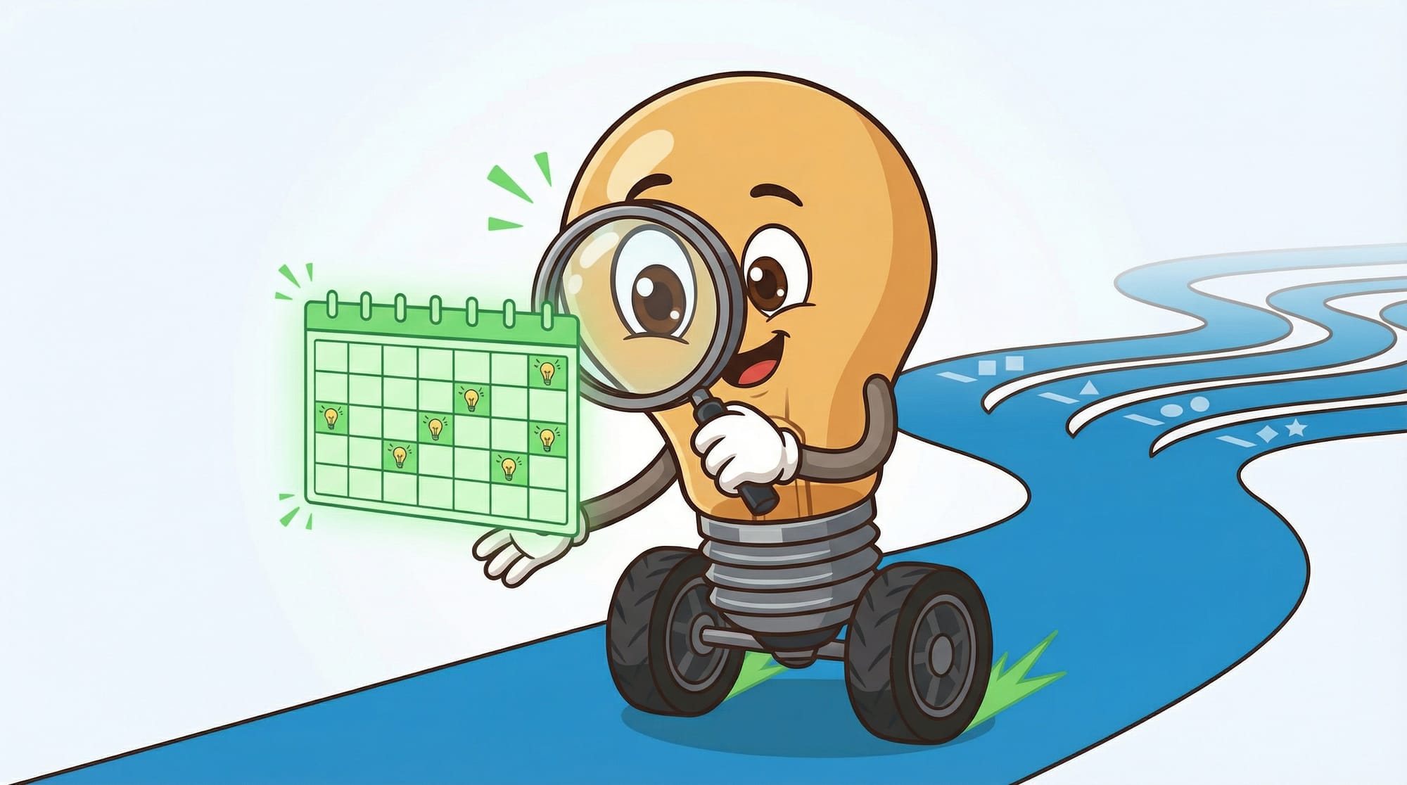 Flick the lightbulb mascot examines a glowing green calendar with magnifying glass, eyebrows raised in discovery.