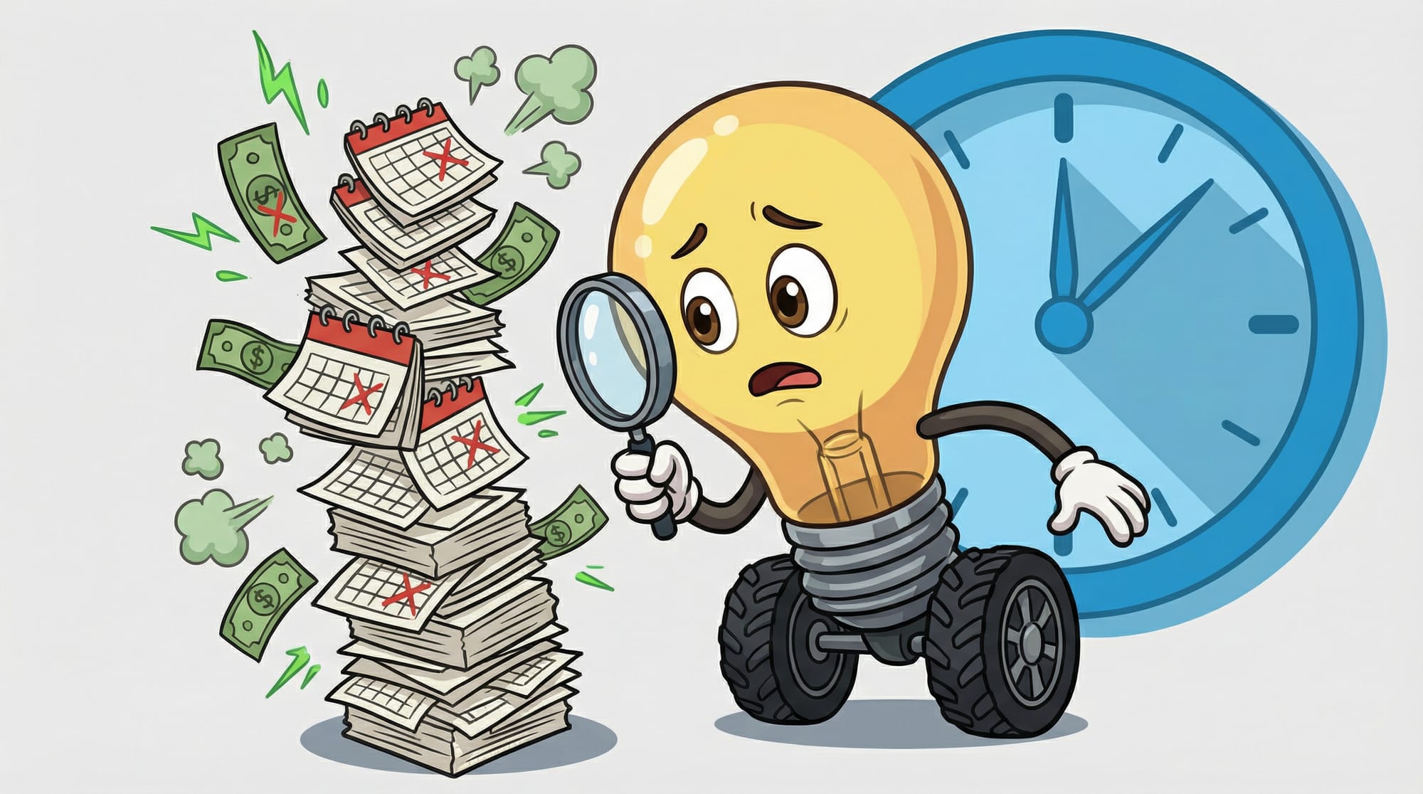 Flick the lightbulb mascot examines floating bills and calendars with a magnifying glass, eyes wide with concern over miss...